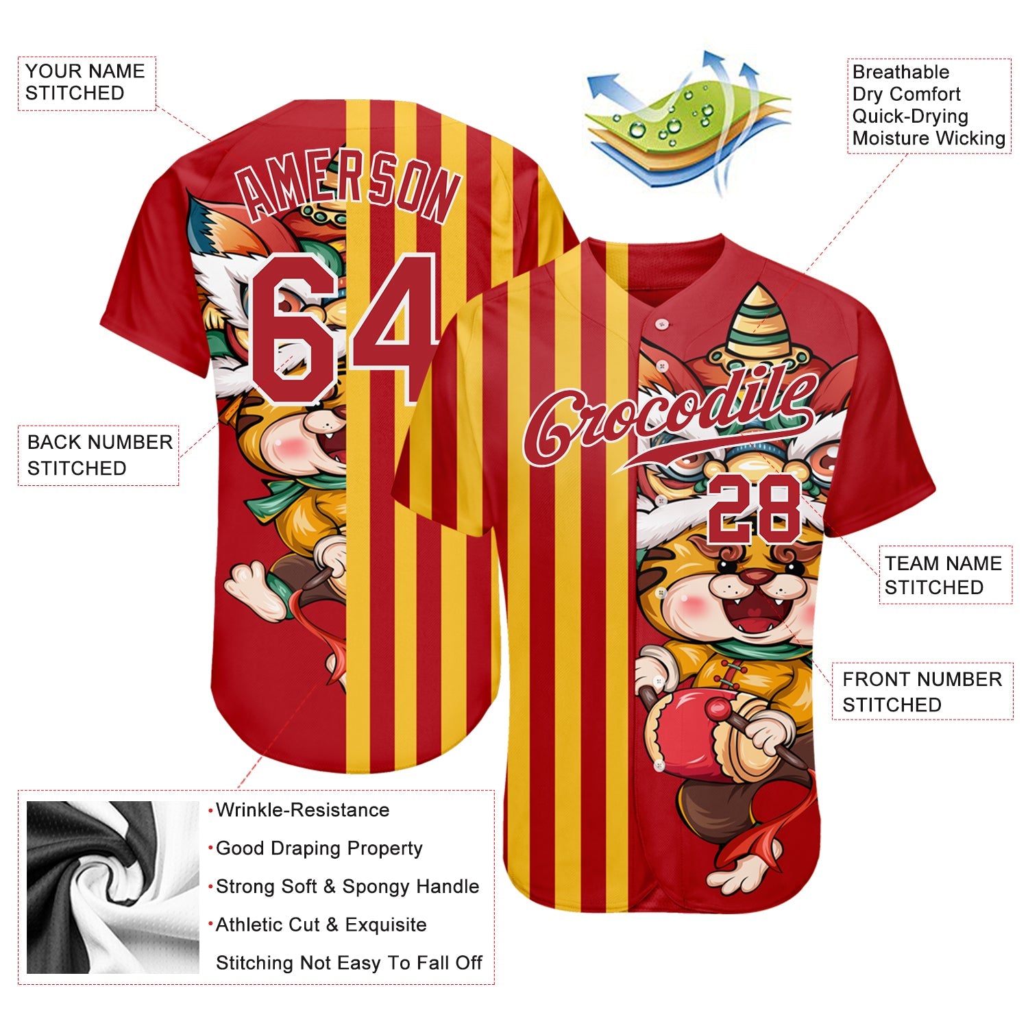 Custom Red Red-White 3D Pattern Design Cute Tiger Authentic Baseball Jersey view 3