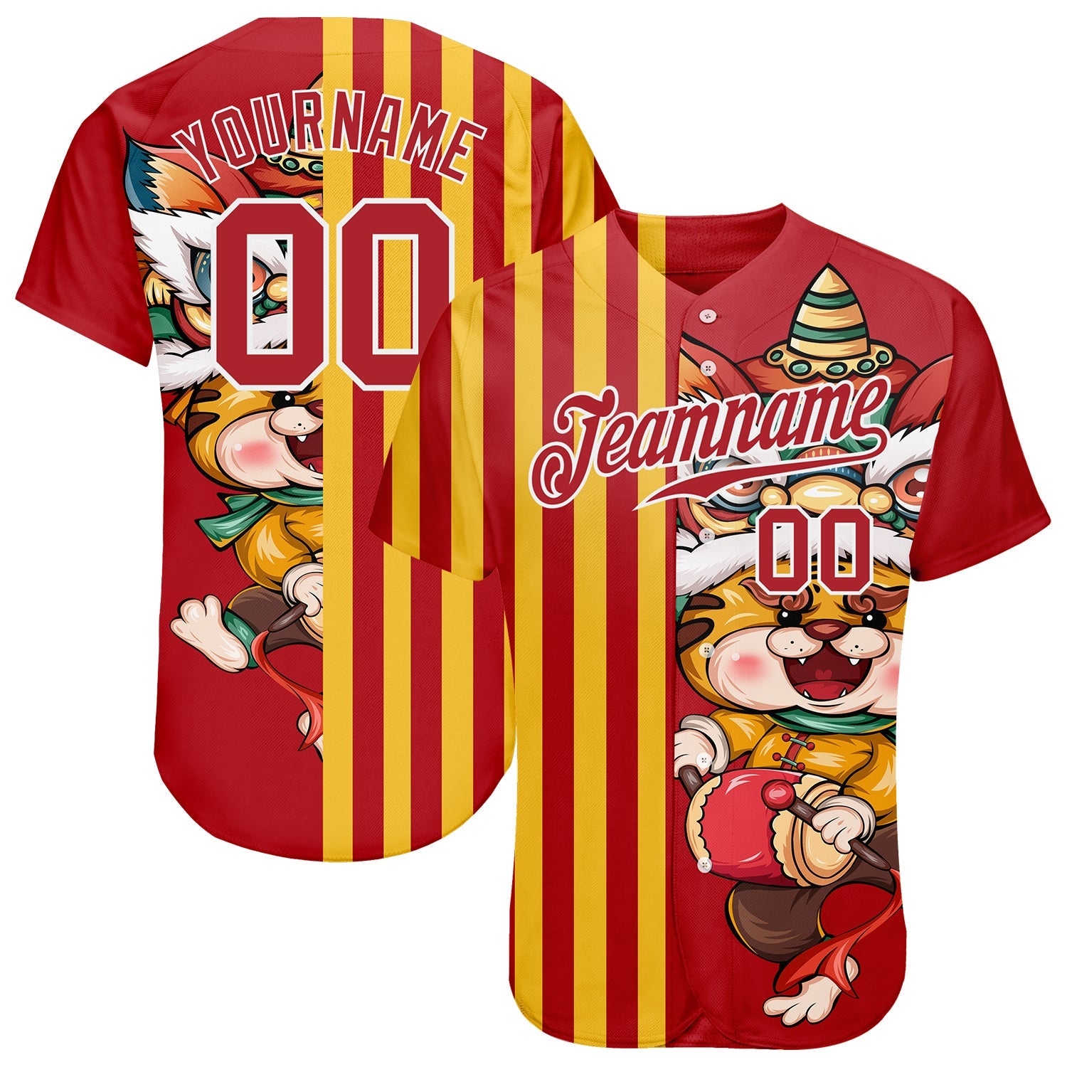 Custom Red Red-White 3D Pattern Design Cute Tiger Authentic Baseball Jersey - Main View