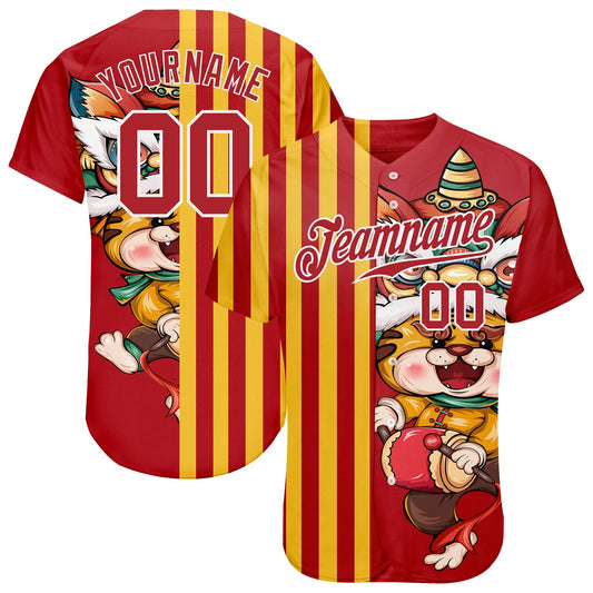 Custom Red Red-White 3D Pattern Design Cute Tiger Authentic Baseball Jersey - Main View