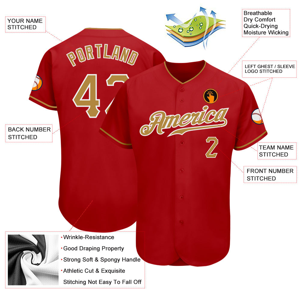 Custom Red Old Gold-White Authentic Baseball Jersey view 3