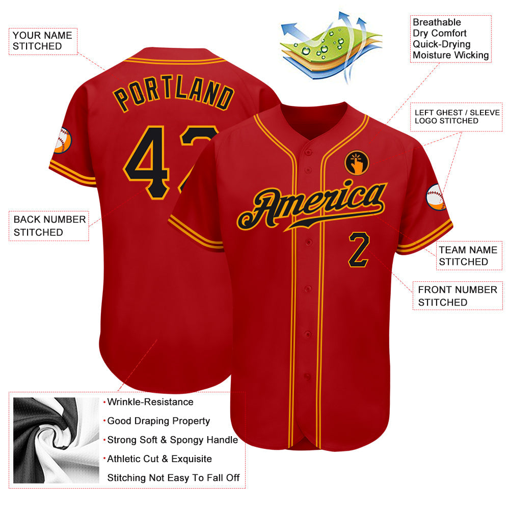 Custom Red Black-Gold Authentic Baseball Jersey view 3