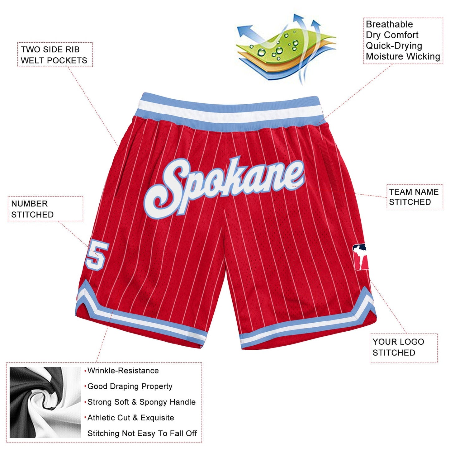 Custom Red White Pinstripe White-Light Blue Authentic Basketball Shorts view 2