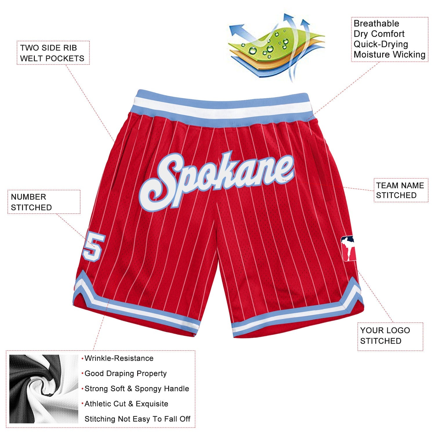 Custom Red White Pinstripe White-Light Blue Authentic Basketball Shorts view 2