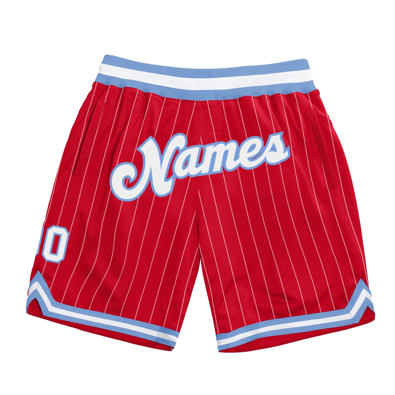 Custom Red White Pinstripe White-Light Blue Authentic Basketball Shorts - Main View