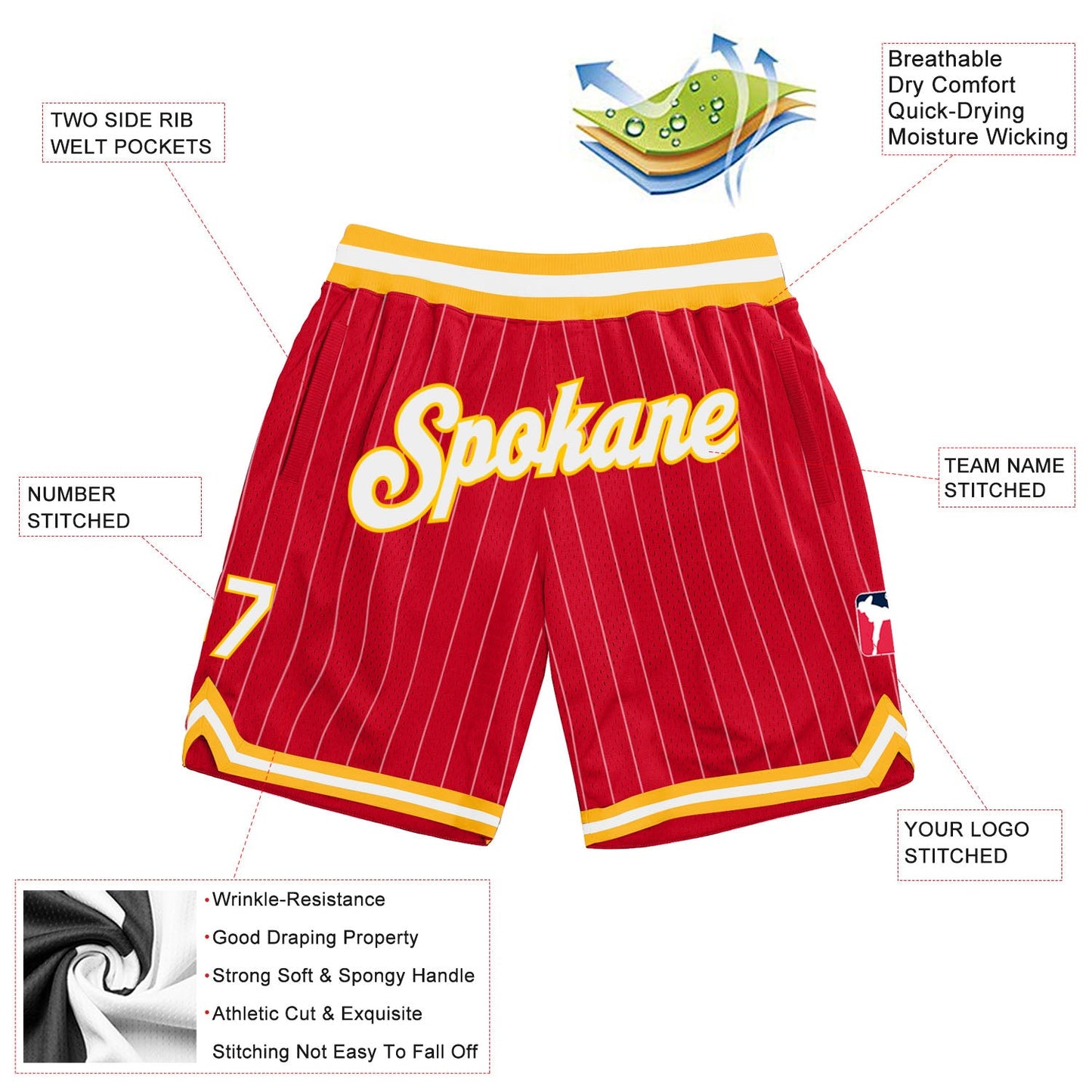 Custom Red White Pinstripe White-Gold Authentic Basketball Shorts view 2
