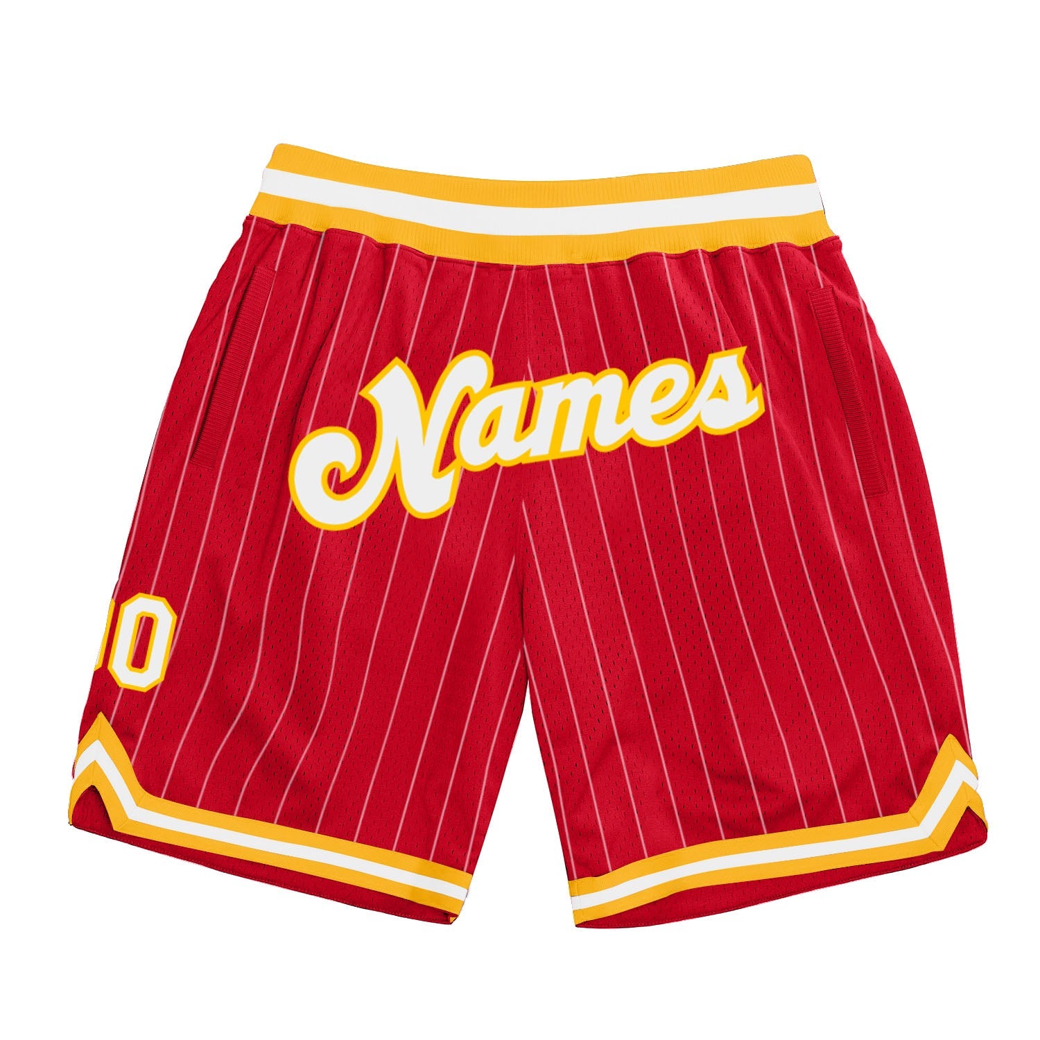 Custom Red White Pinstripe White-Gold Authentic Basketball Shorts - Main View