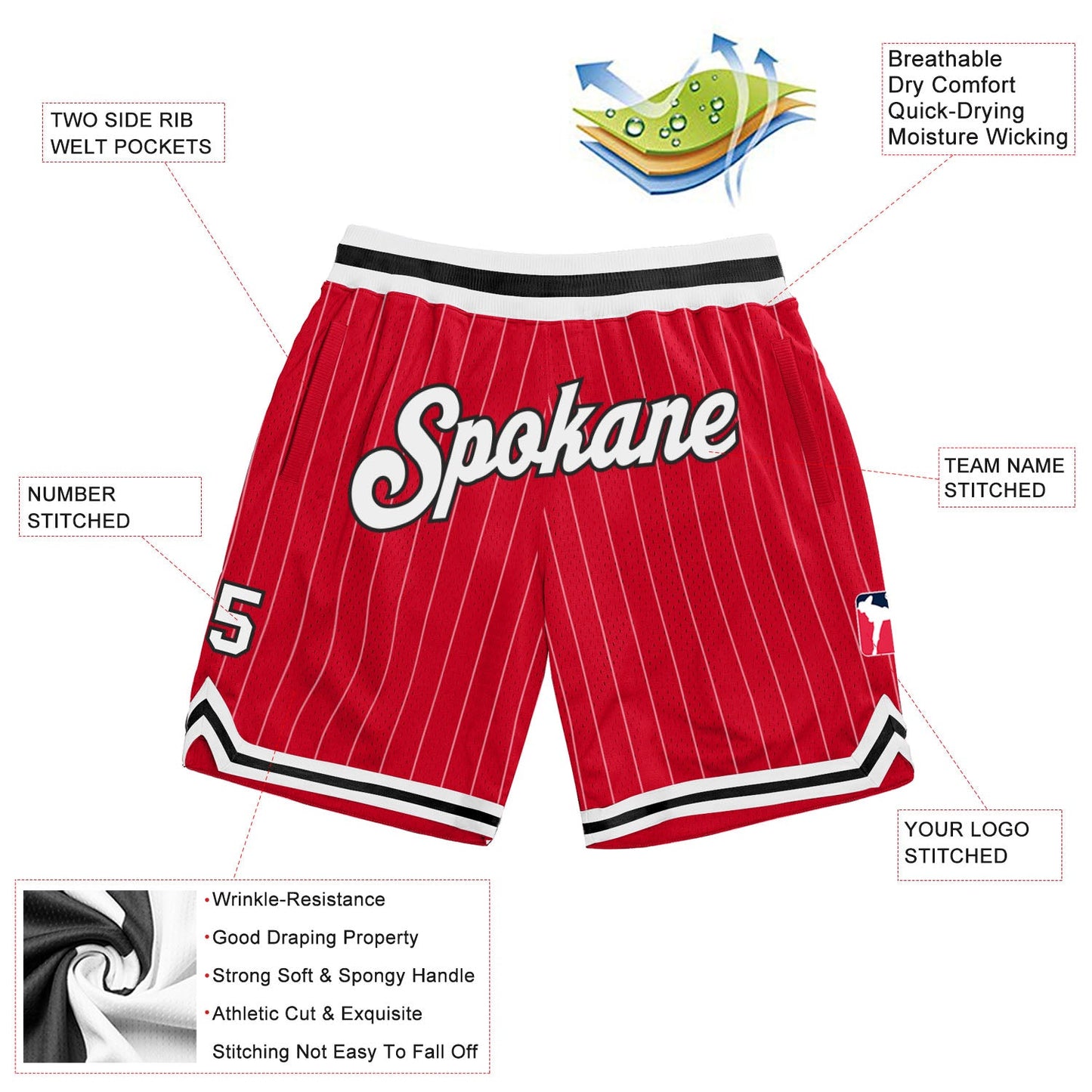 Custom Red White Pinstripe White-Black Authentic Basketball Shorts view 2