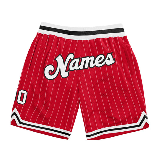 Custom Red White Pinstripe White-Black Authentic Basketball Shorts - Main View