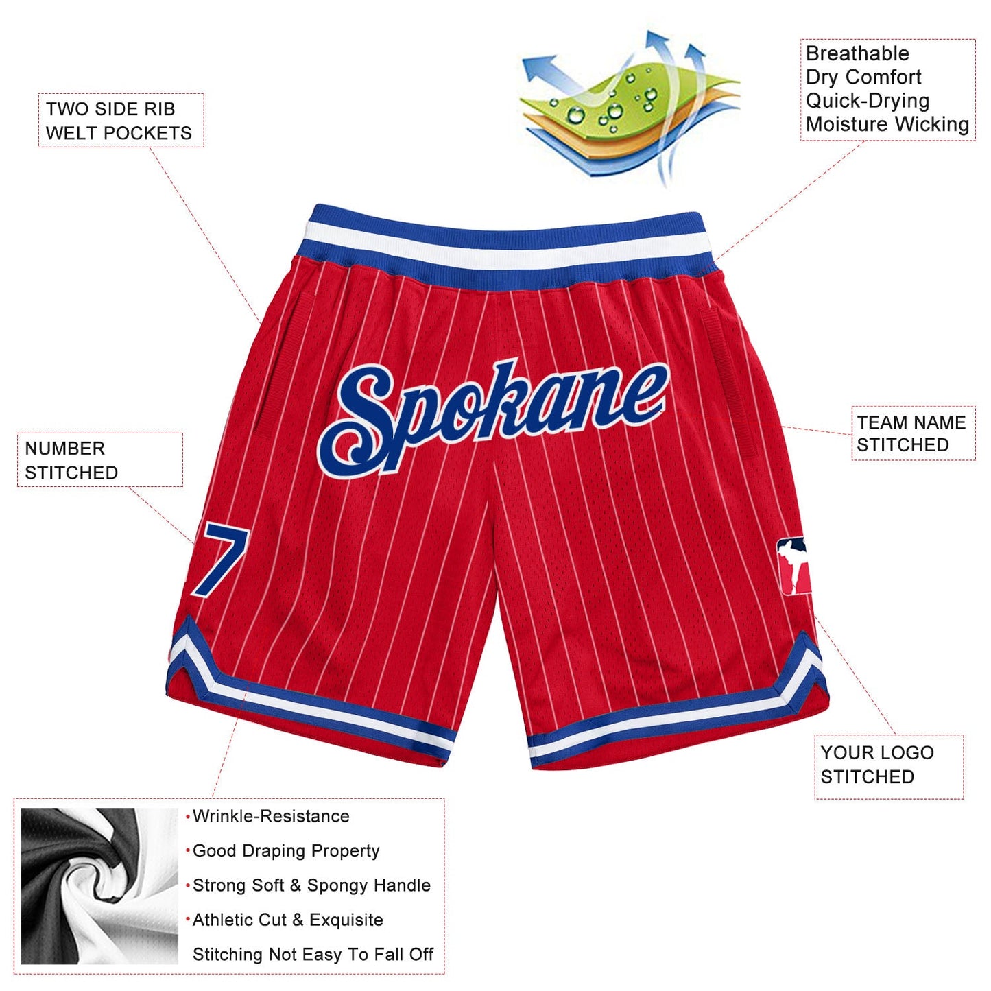 Custom Red White Pinstripe Royal-White Authentic Basketball Shorts view 2