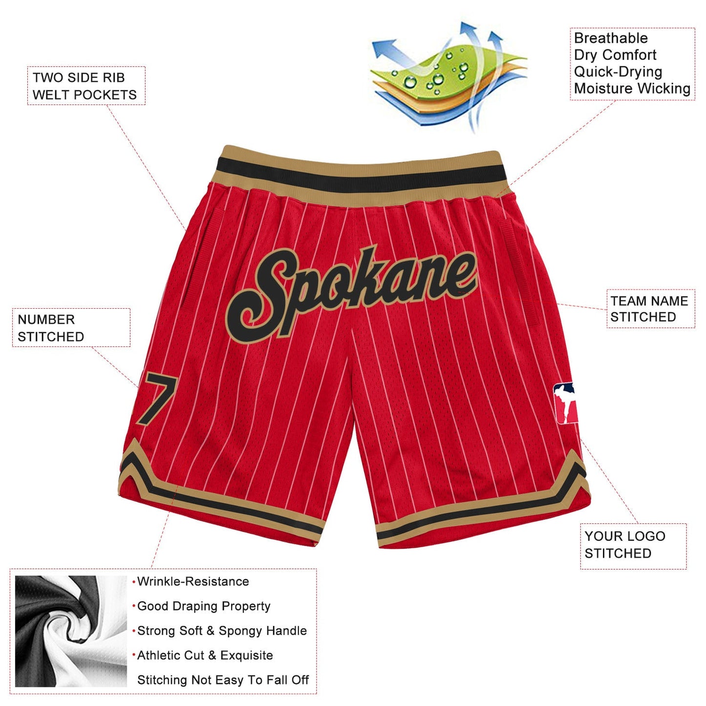 Custom Red White Pinstripe Black-Old Gold Authentic Basketball Shorts view 2