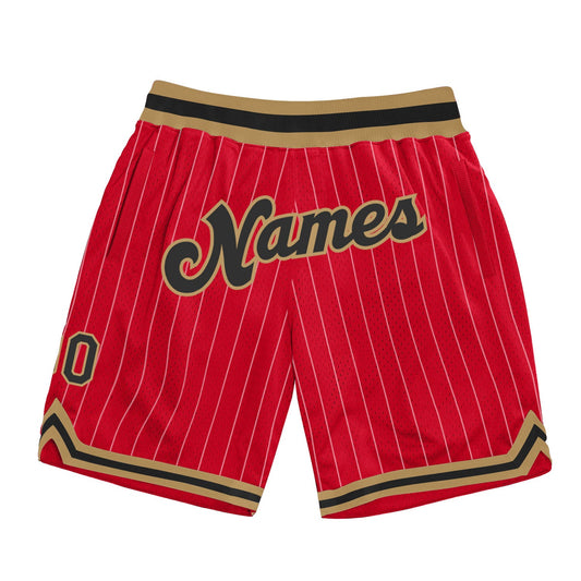 Custom Red White Pinstripe Black-Old Gold Authentic Basketball Shorts - Main View