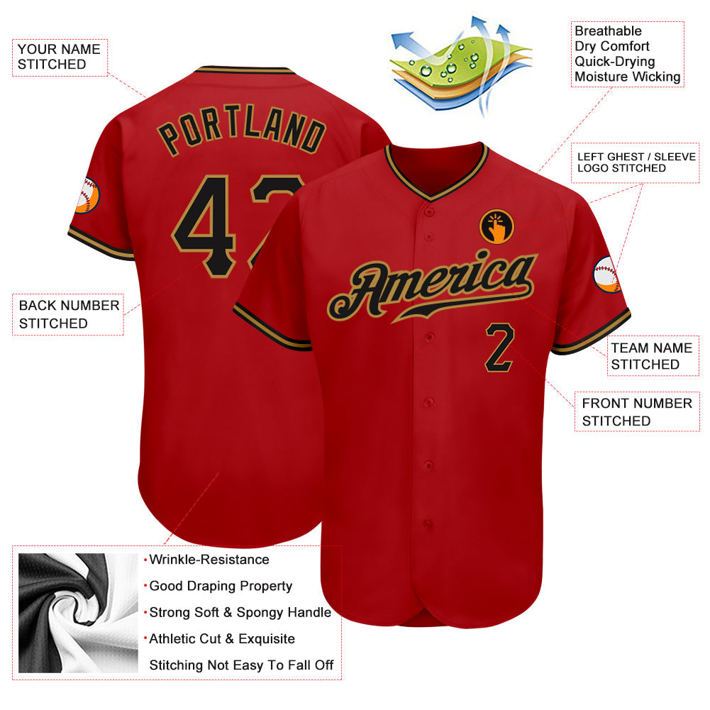 Custom Red Black-Old Gold Authentic Baseball Jersey view 3