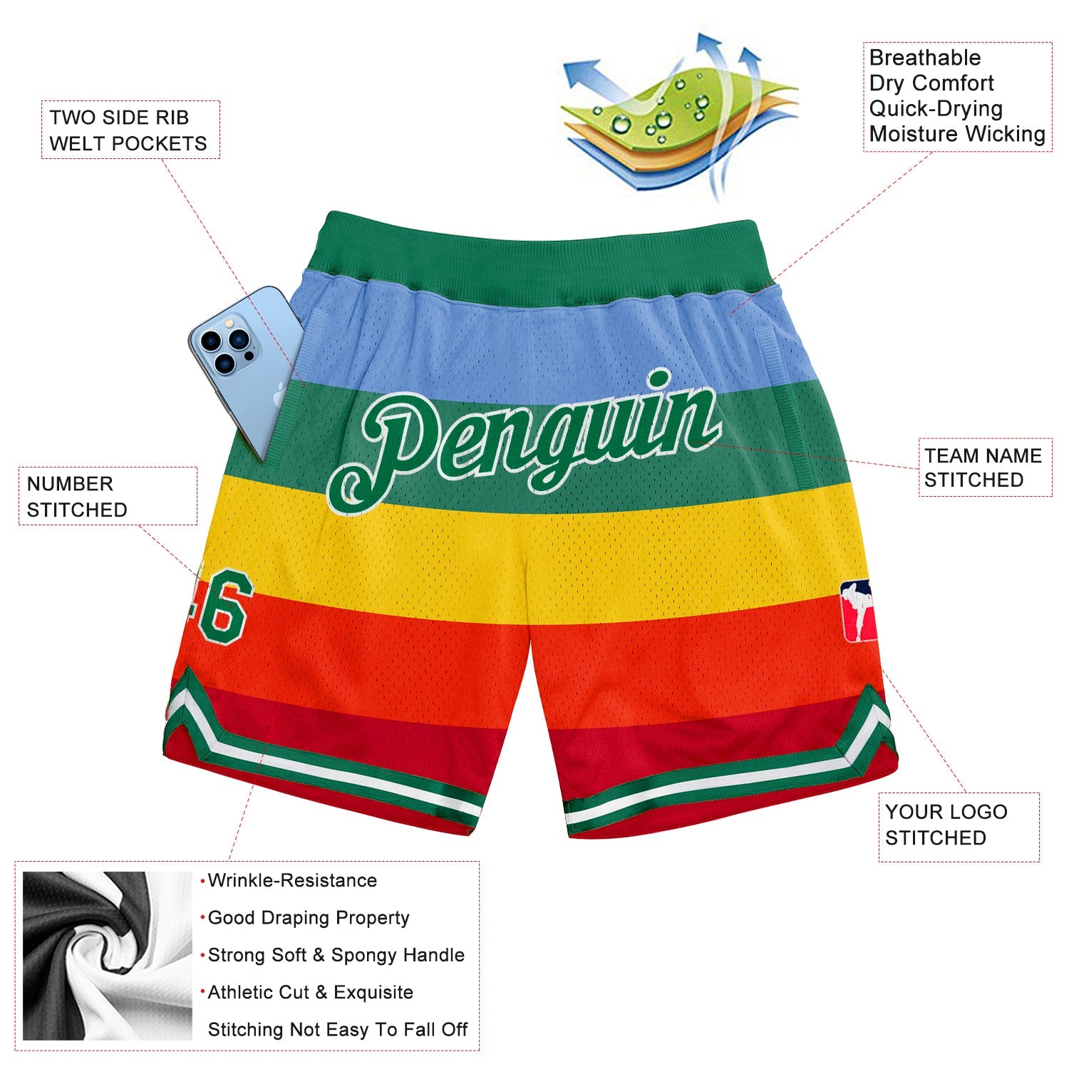 Custom Red Kelly Green-White 3D Pattern Design Rainbow Authentic Basketball Shorts view 2