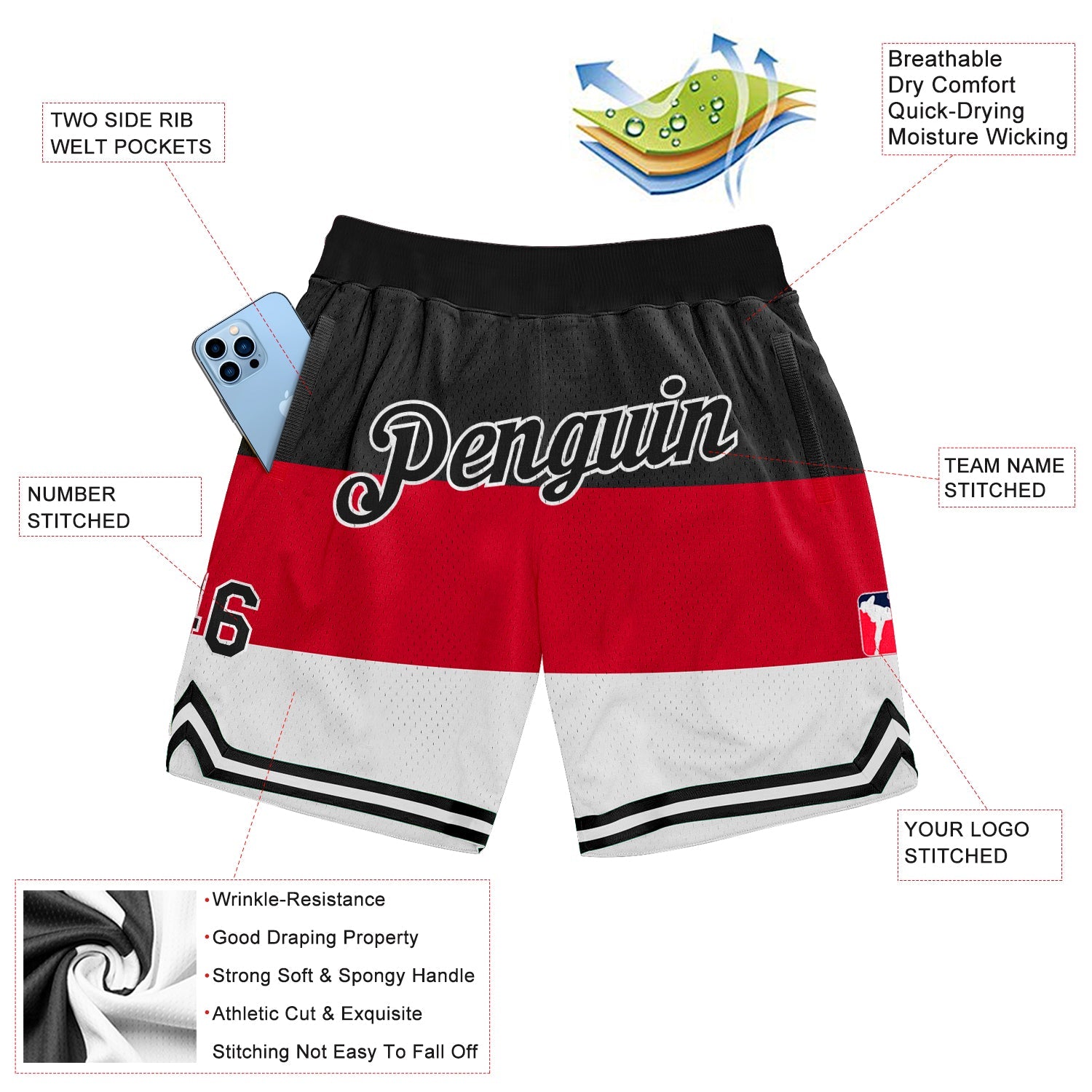 Custom Red Black-White 3D Pattern Design Multicolor Authentic Basketball Shorts view 2