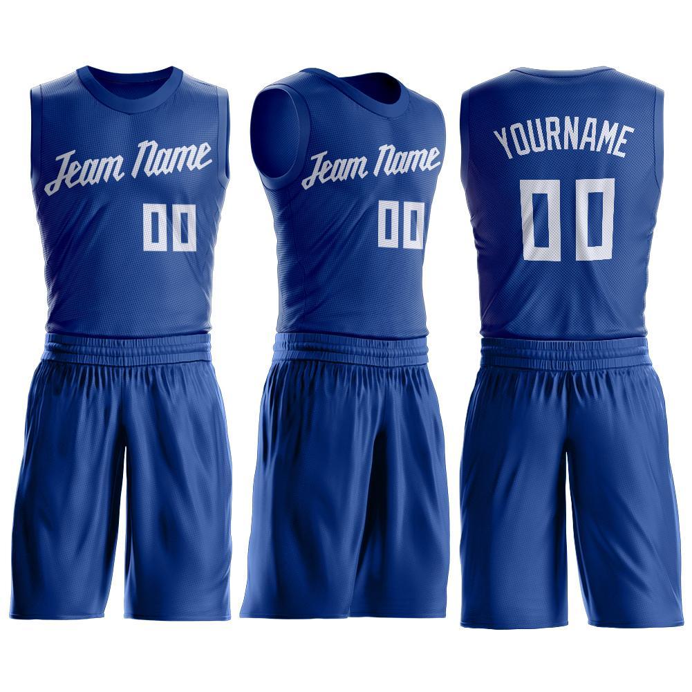 Custom Royal White Round Neck Basketball Uniform Jersey view 2