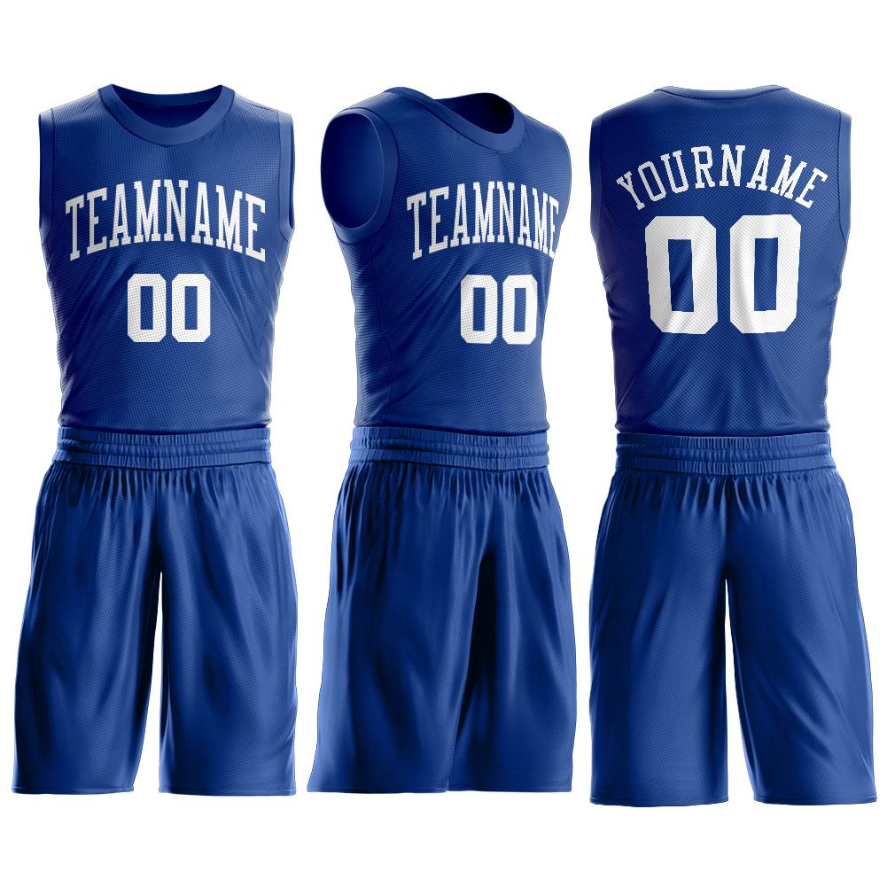 Custom Royal White Round Neck Basketball Uniform Jersey view 2