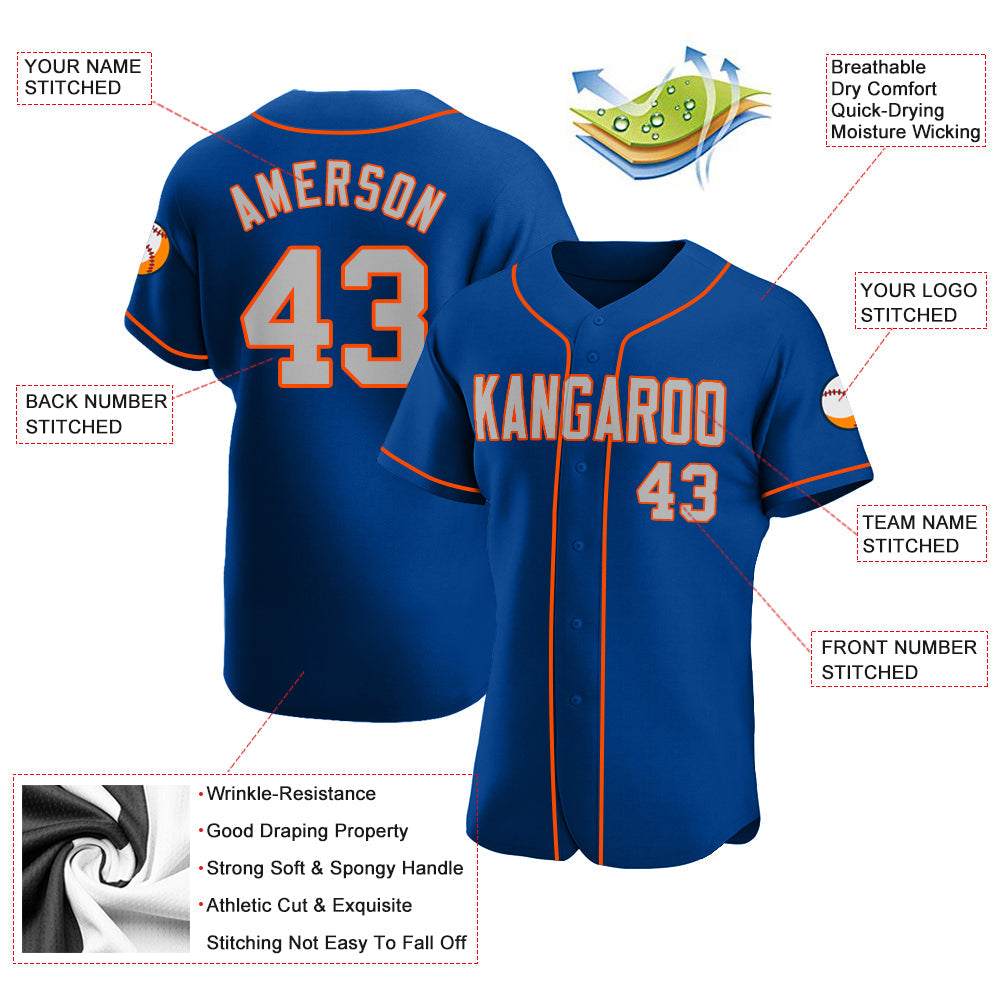 Custom Royal Gray-Orange Authentic Baseball Jersey view 3