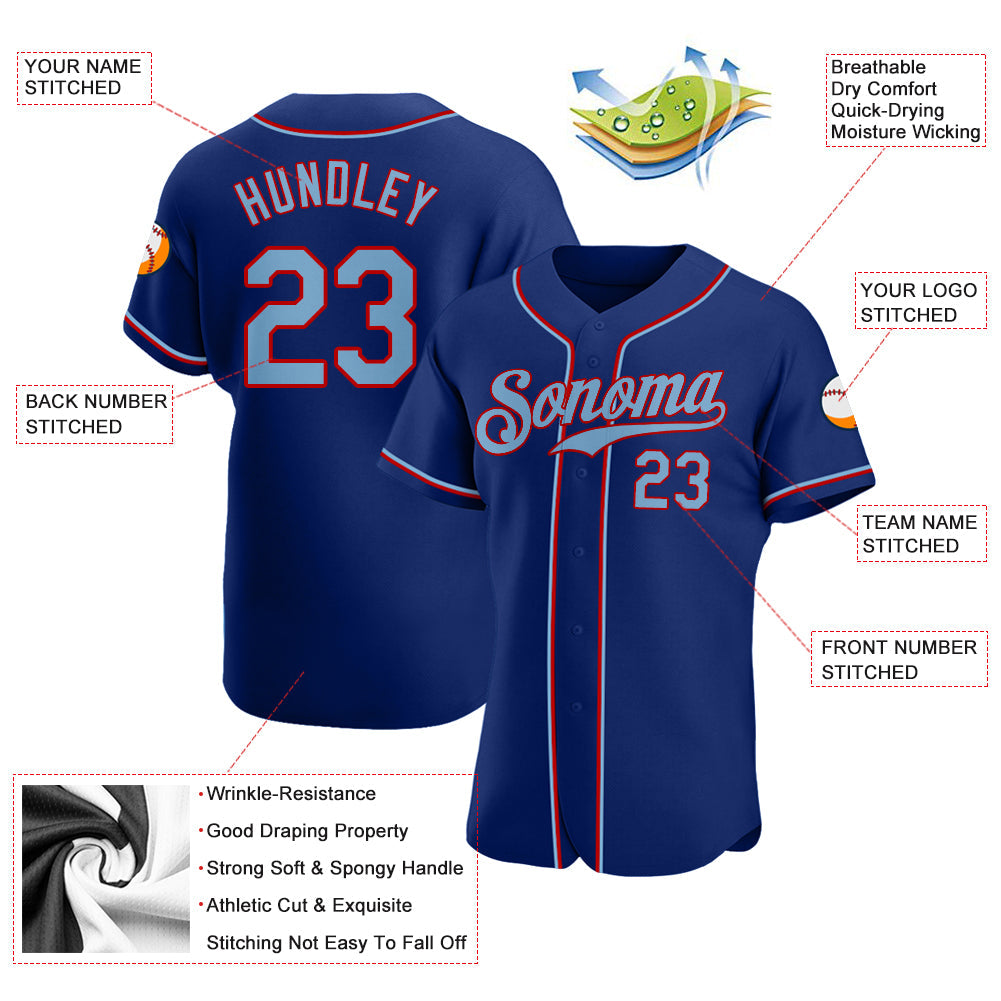 Custom Royal Light Blue-Red Authentic Baseball Jersey view 3