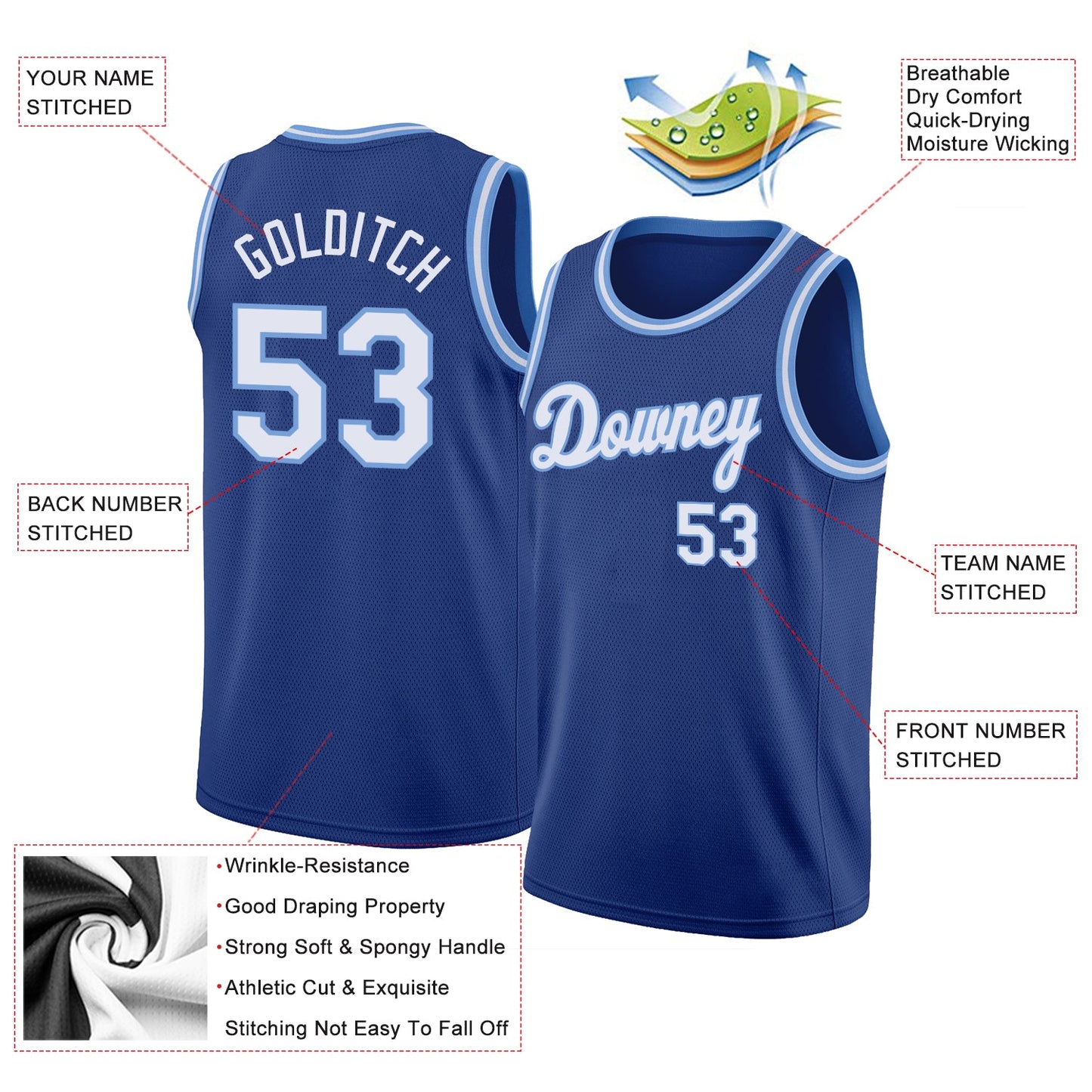Custom Royal White-Light Blue Round Neck Rib-Knit Basketball Jersey view 2