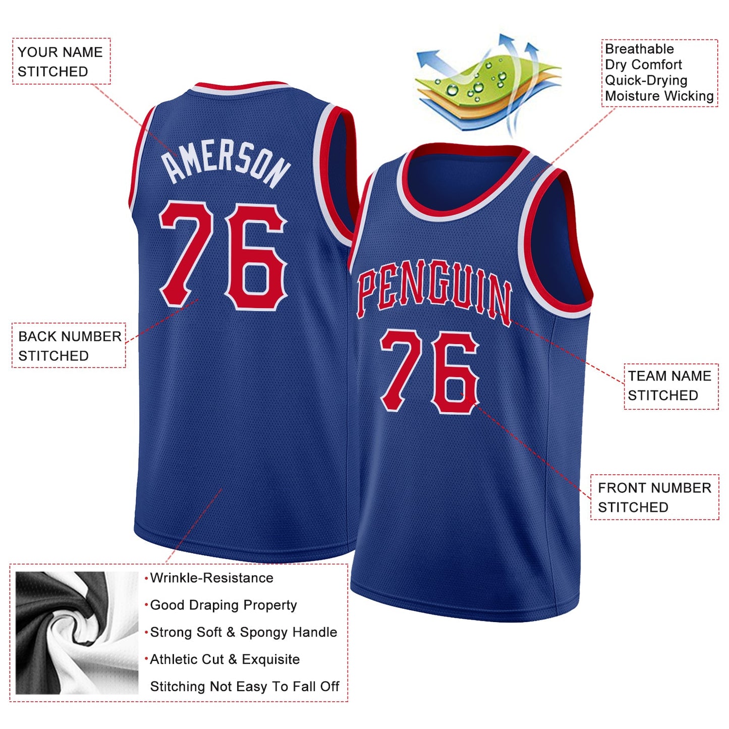 Custom Royal Red-White Round Neck Rib-Knit Basketball Jersey view 2