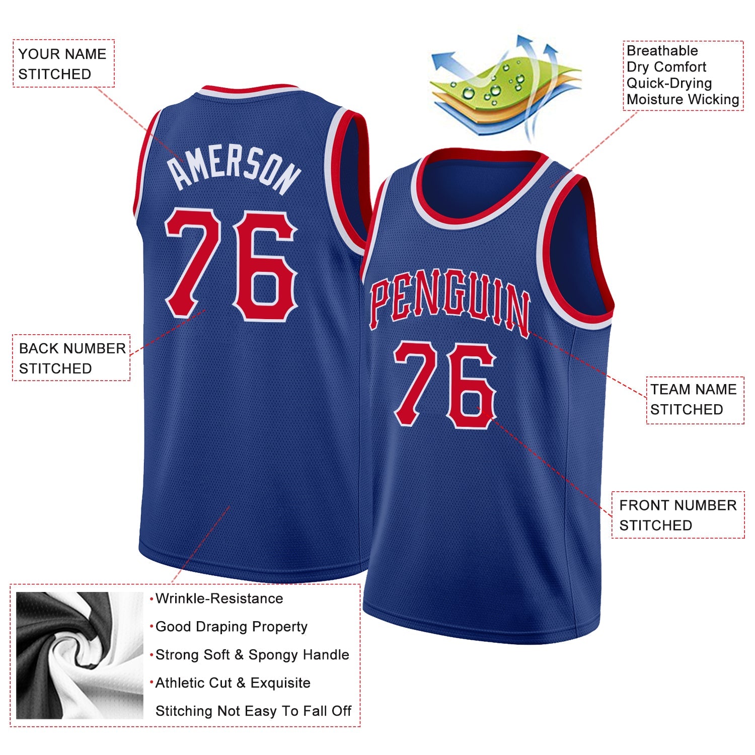 Custom Royal Red-White Round Neck Rib-Knit Basketball Jersey view 2