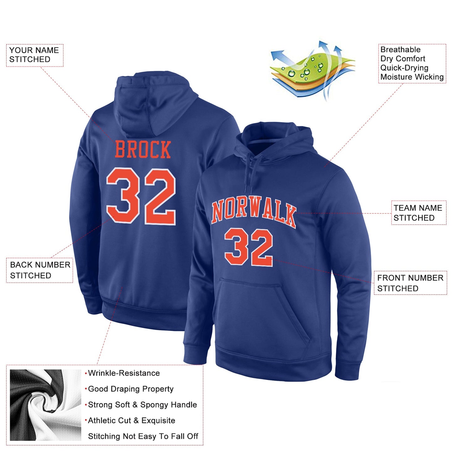 Custom Stitched Royal Orange-White Sports Pullover Sweatshirt Hoodie view 4