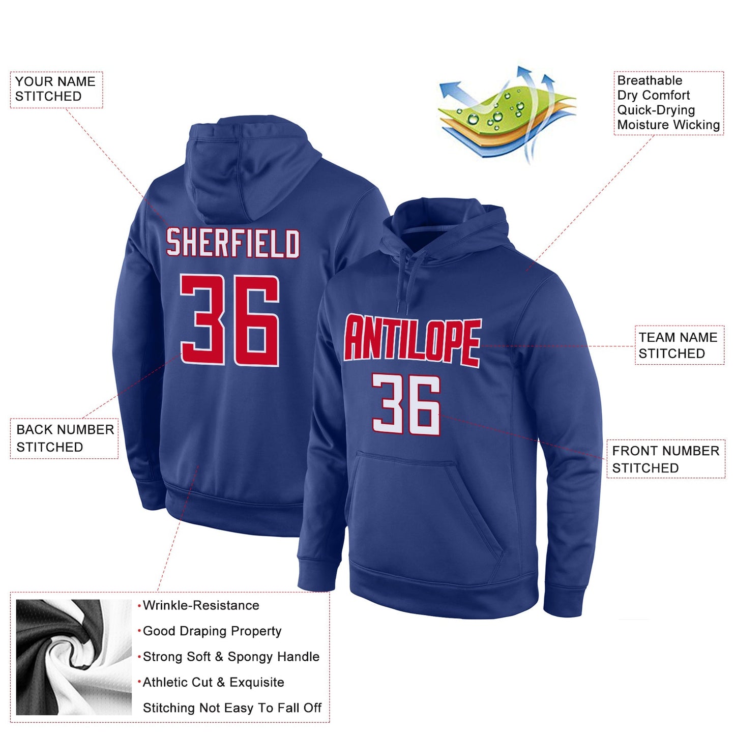 Custom Stitched Royal Red-White Sports Pullover Sweatshirt Hoodie view 4
