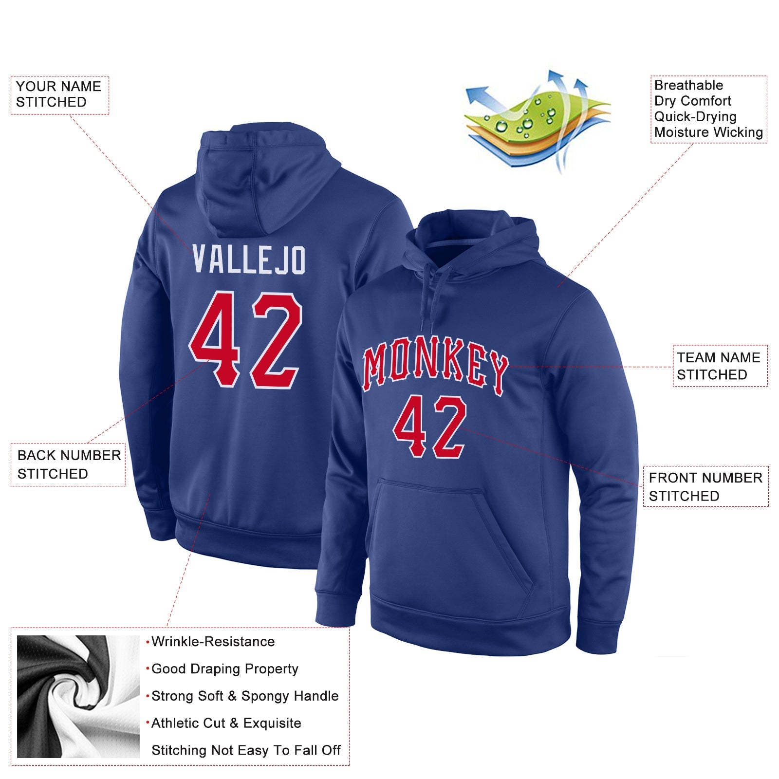 Custom Stitched Royal Red-White Sports Pullover Sweatshirt Hoodie view 4