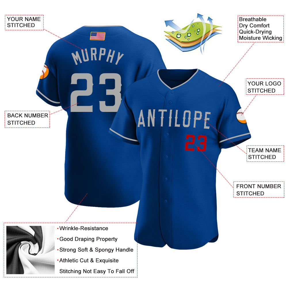 Custom Royal Gray-Red Authentic American Flag Fashion Baseball Jersey view 3