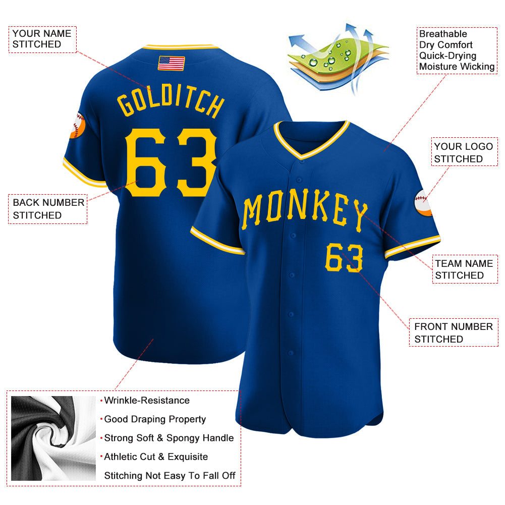 Custom Royal Gold-White Authentic American Flag Fashion Baseball Jersey view 3