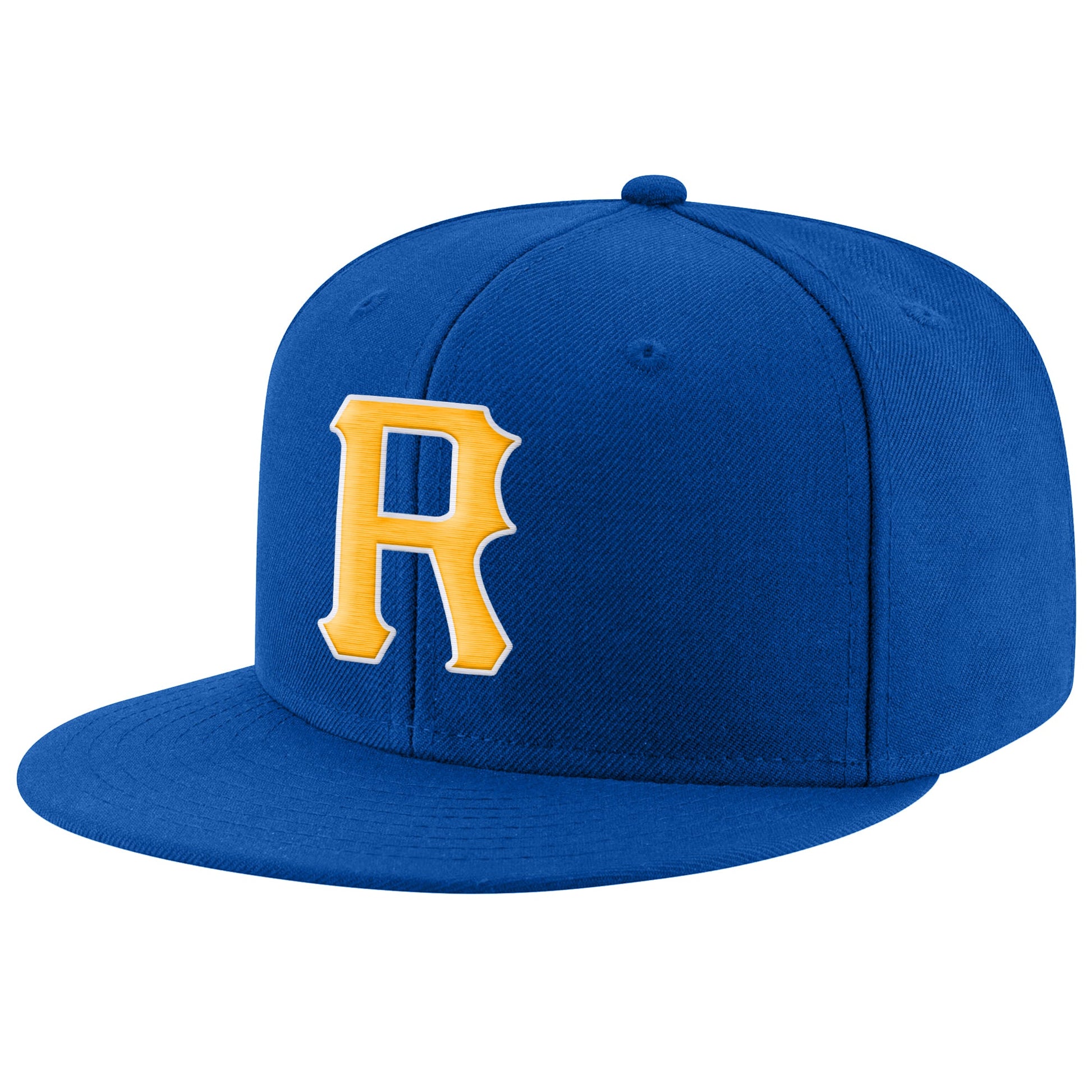 Custom Royal Gold-White Stitched Adjustable Snapback Hat - Main View