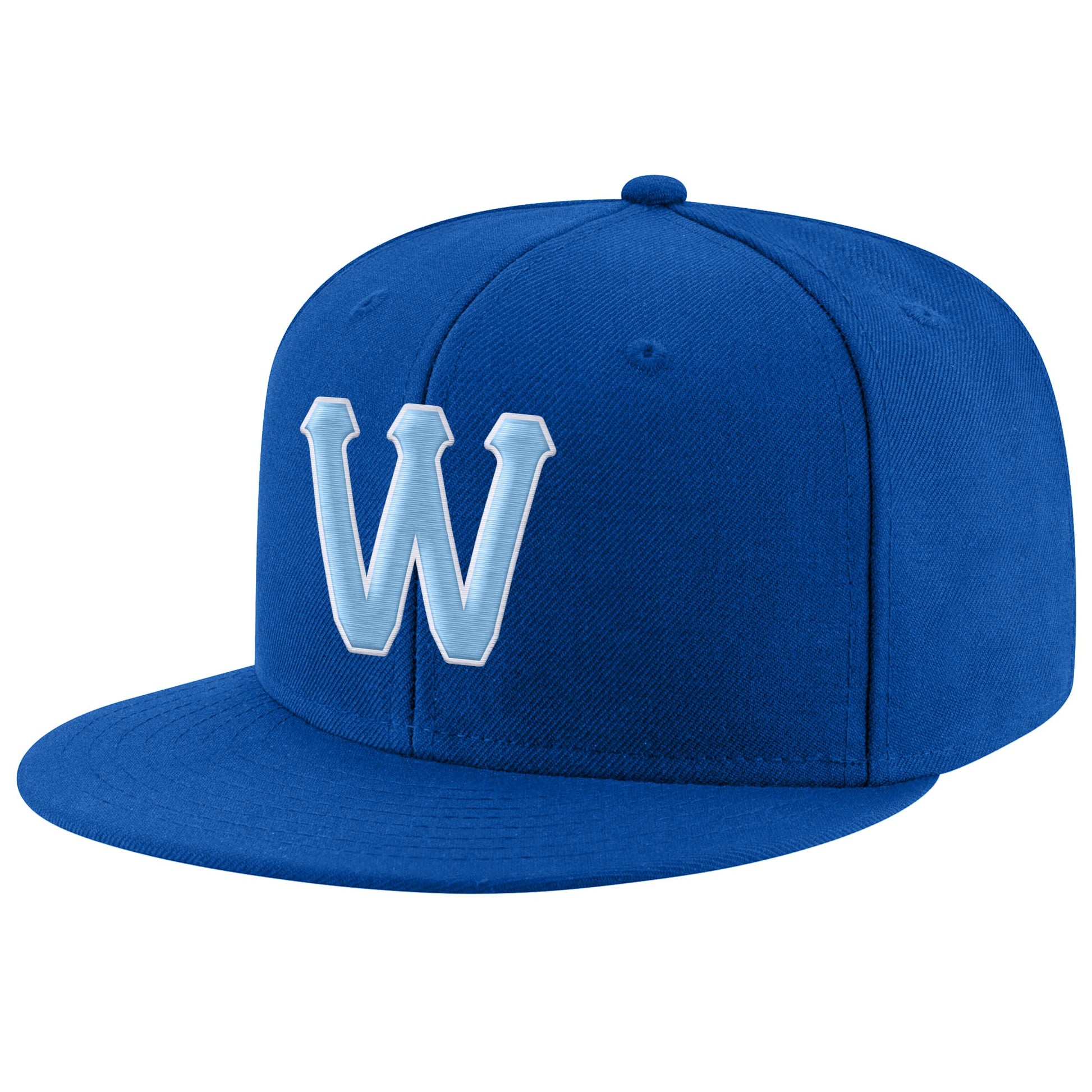 Custom Royal Light Blue-White Stitched Adjustable Snapback Hat - Main View