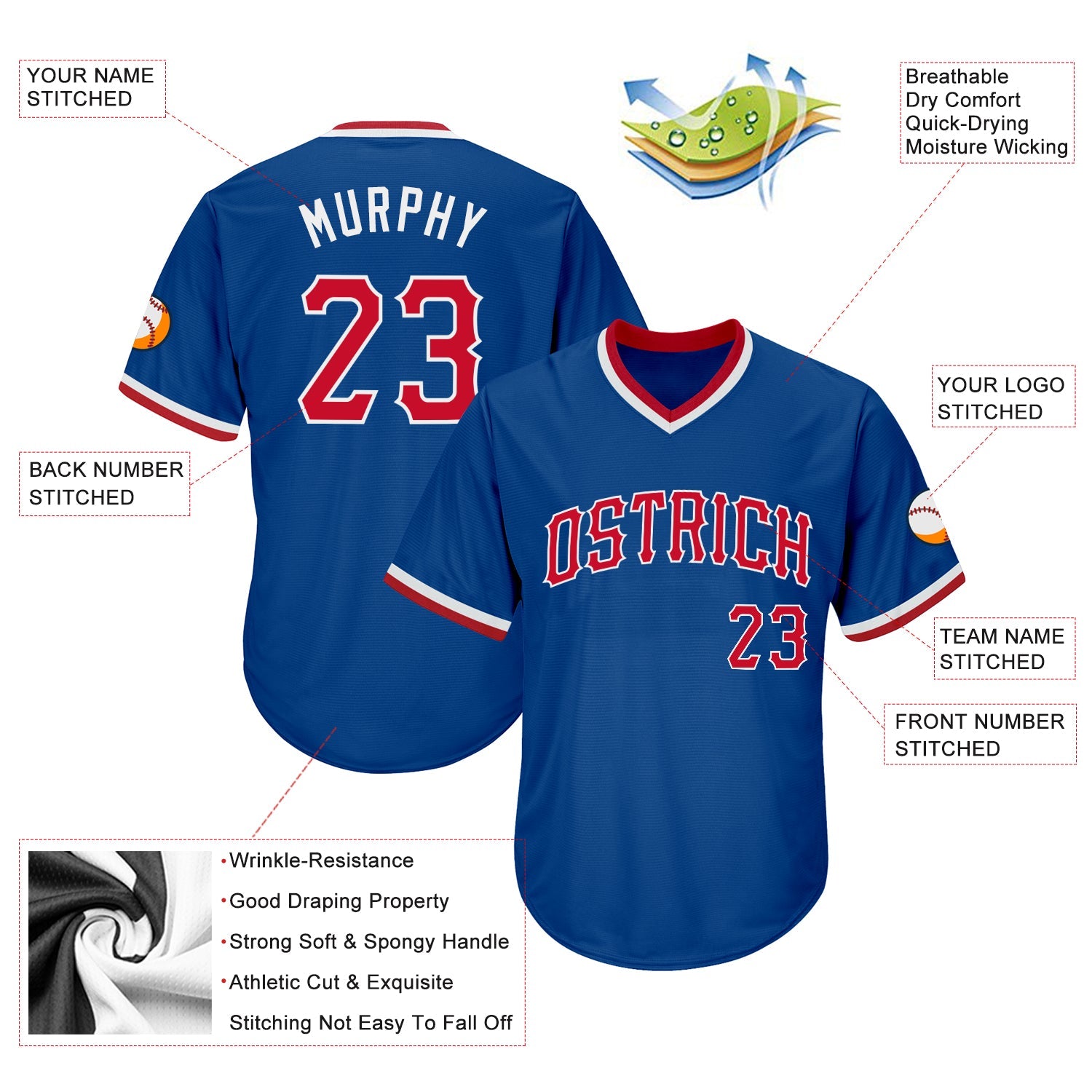 Custom Royal Red-White Authentic Throwback Rib-Knit Baseball Jersey Shirt view 4