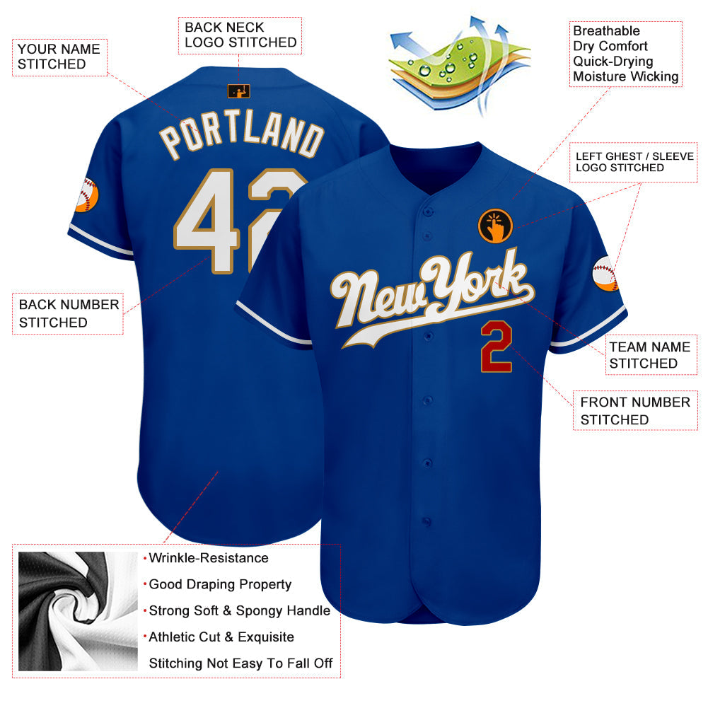 Custom Royal White-Old Gold Authentic Baseball Jersey view 3