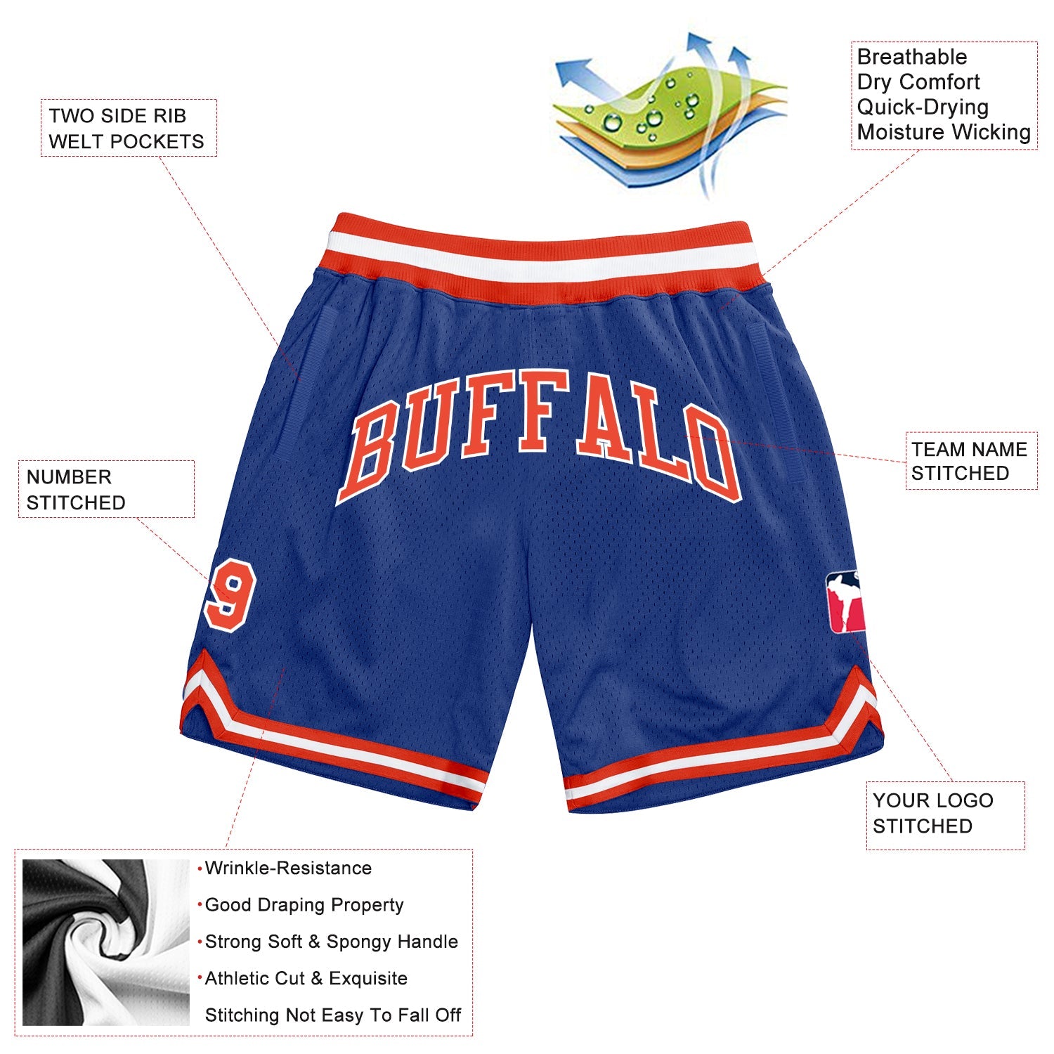 Custom Royal Orange-White Authentic Throwback Basketball Shorts view 2