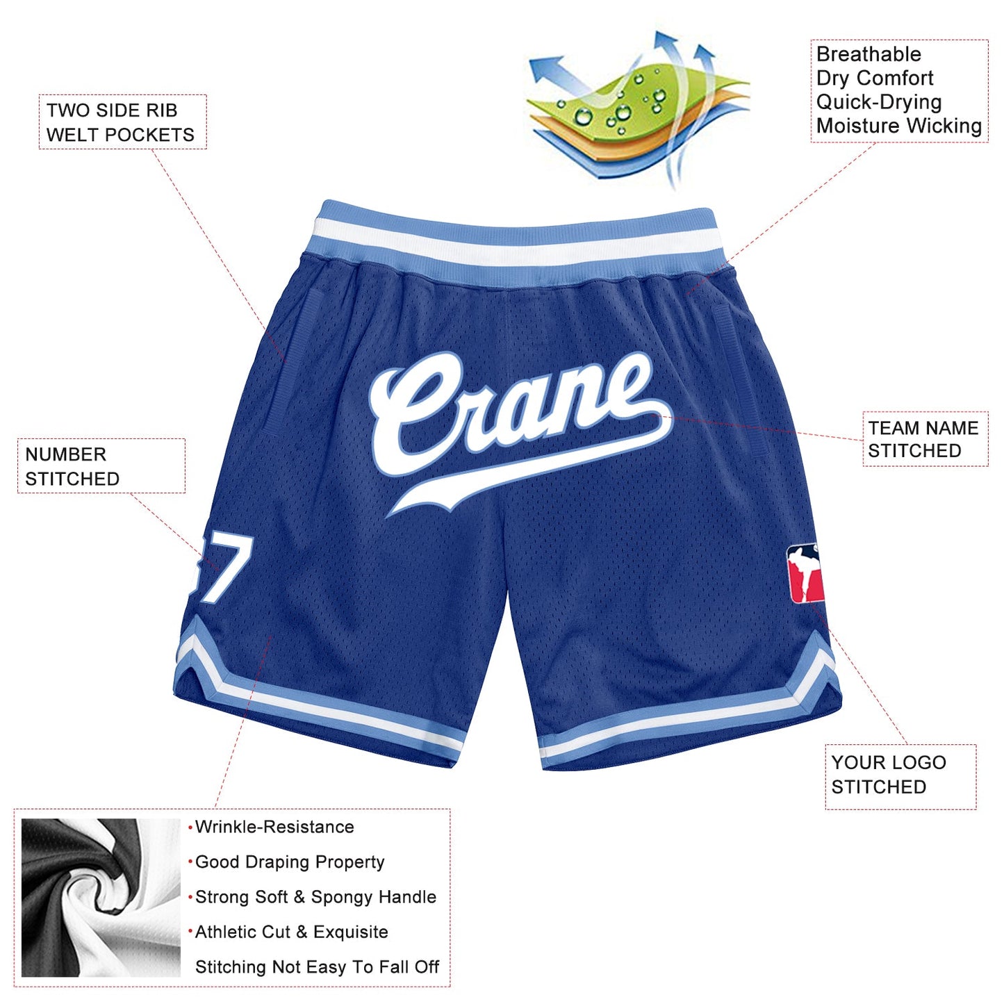 Custom Royal White-Light Blue Authentic Throwback Basketball Shorts view 3