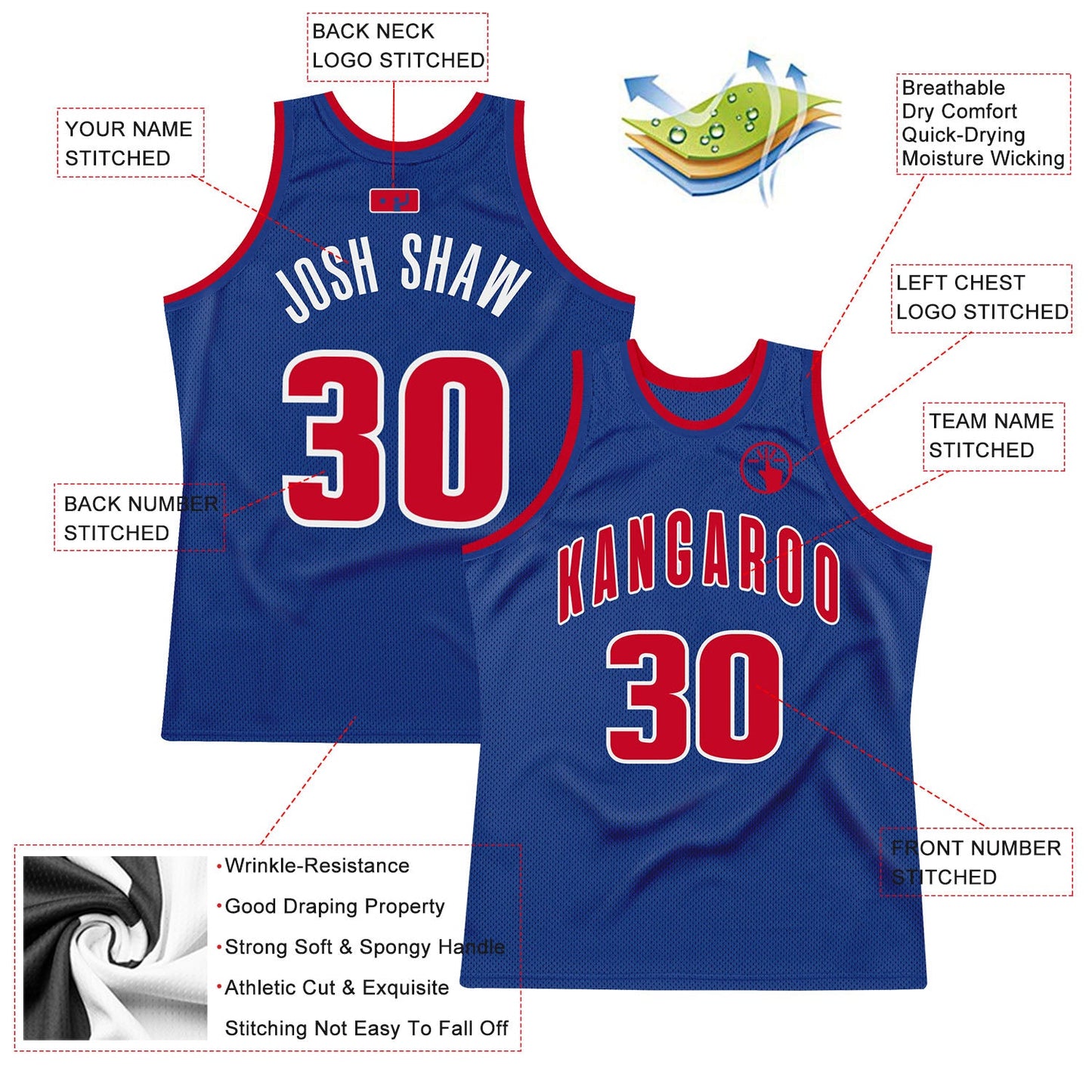 Custom Royal Red-White Authentic Throwback Basketball Jersey view 2