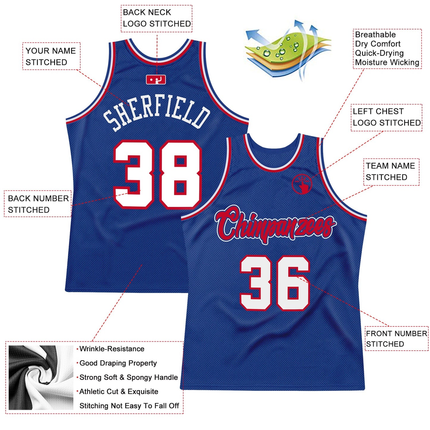 Custom Royal White-Red Authentic Throwback Basketball Jersey view 3