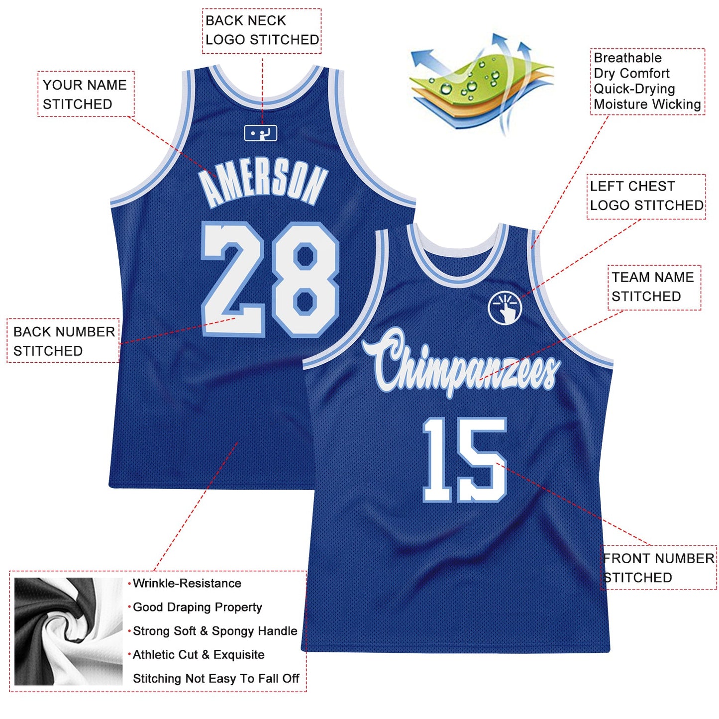 Custom Royal White-Light Blue Authentic Throwback Basketball Jersey view 2