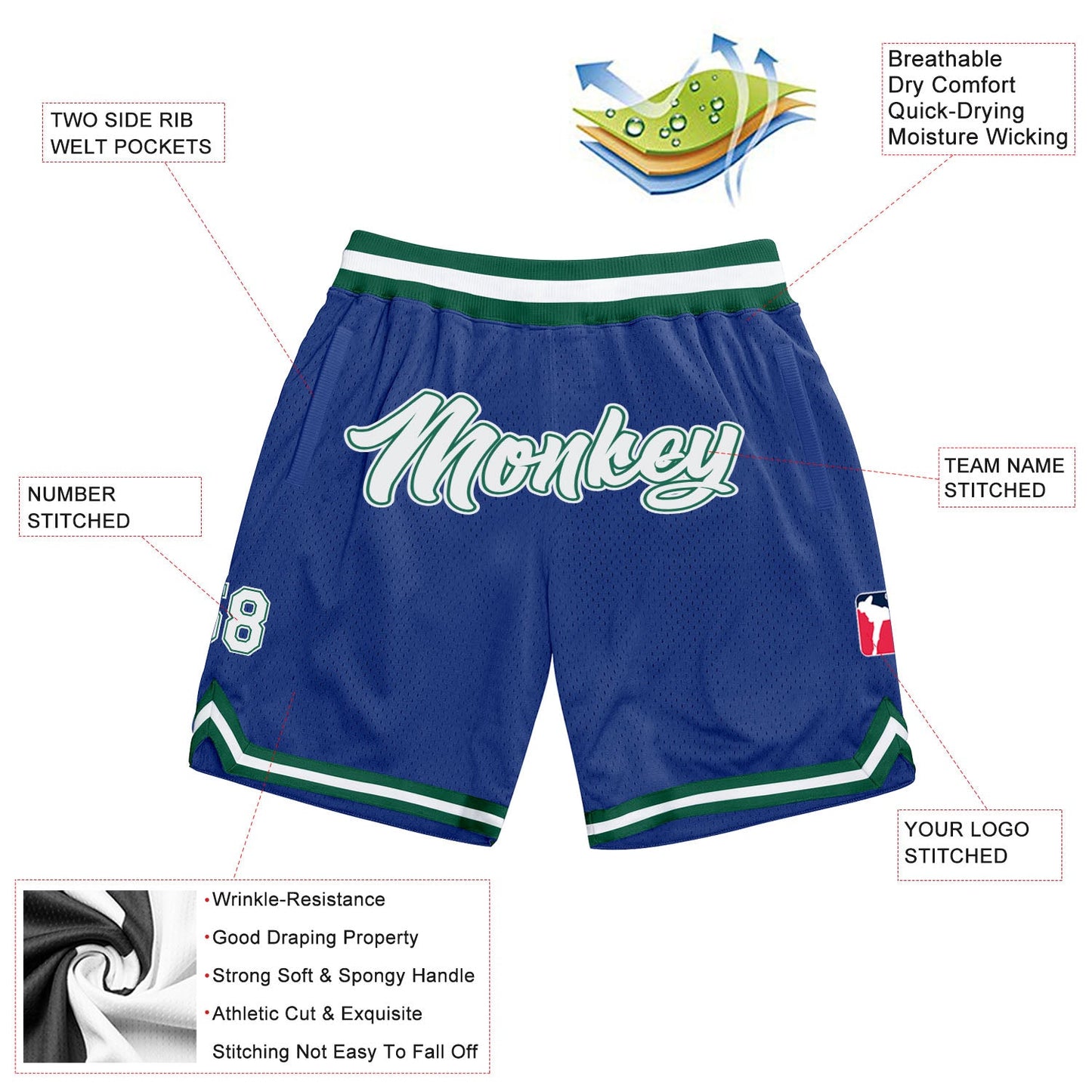 Custom Royal White-Kelly Green Authentic Throwback Basketball Shorts view 2
