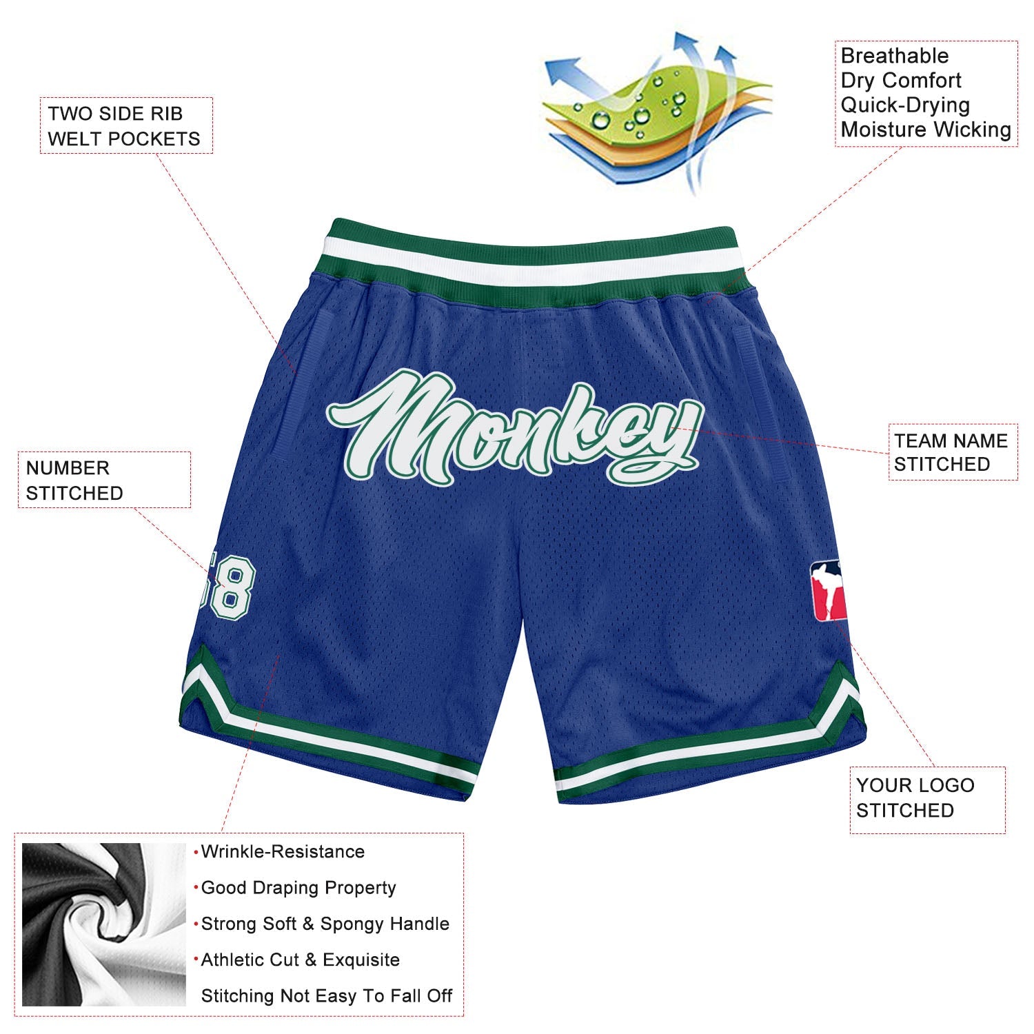Custom Royal White-Kelly Green Authentic Throwback Basketball Shorts view 2
