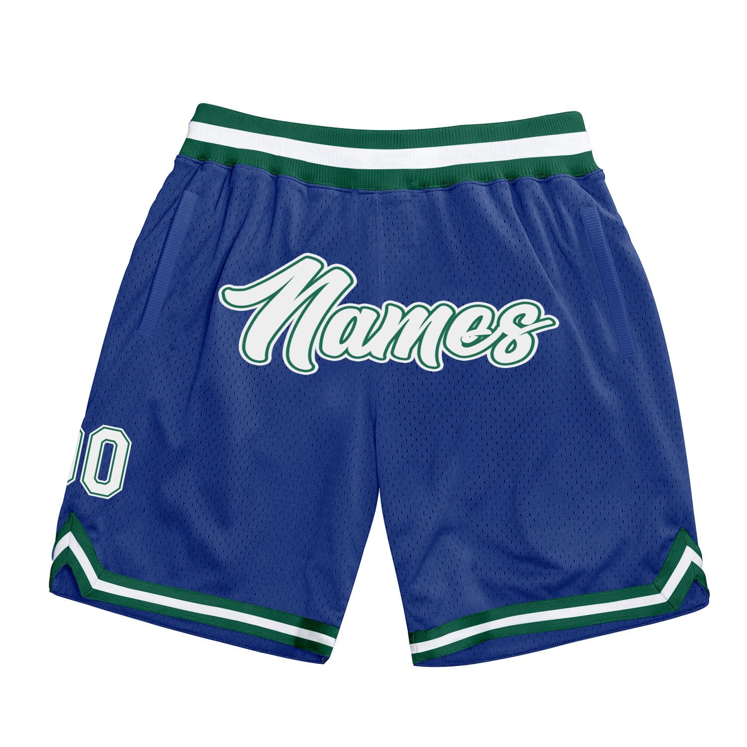 Custom Royal White-Kelly Green Authentic Throwback Basketball Shorts - Main View