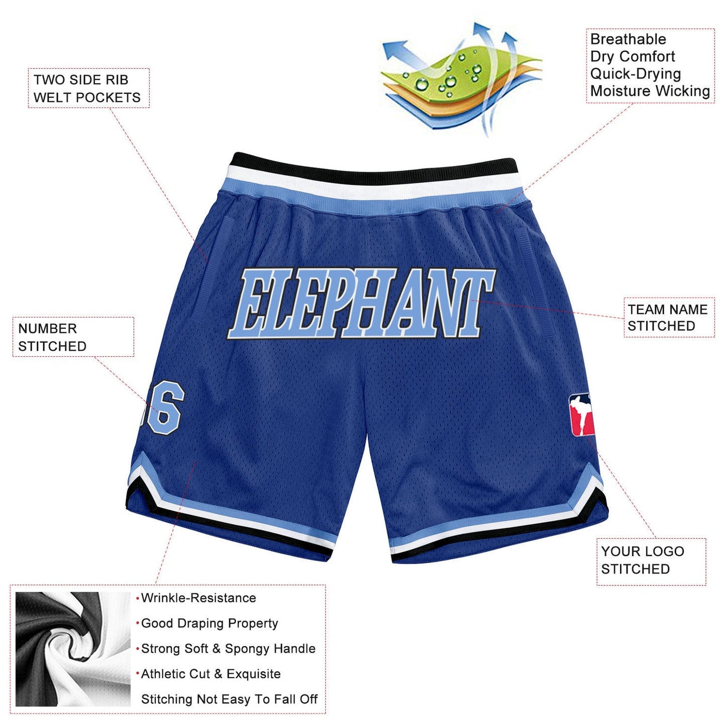 Custom Royal Light Blue-White Authentic Throwback Basketball Shorts view 2