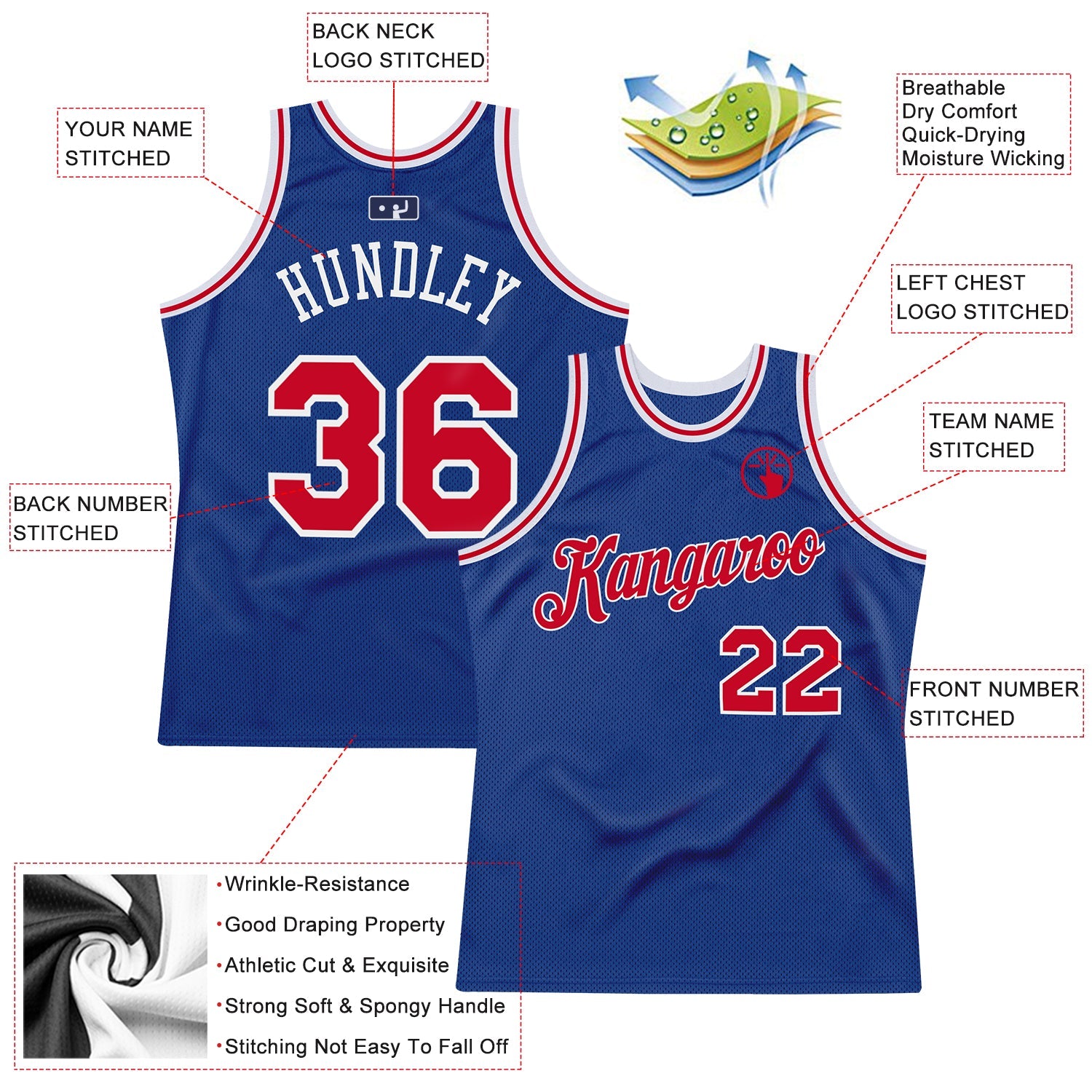 Custom Royal Red-White Authentic Throwback Basketball Jersey view 2