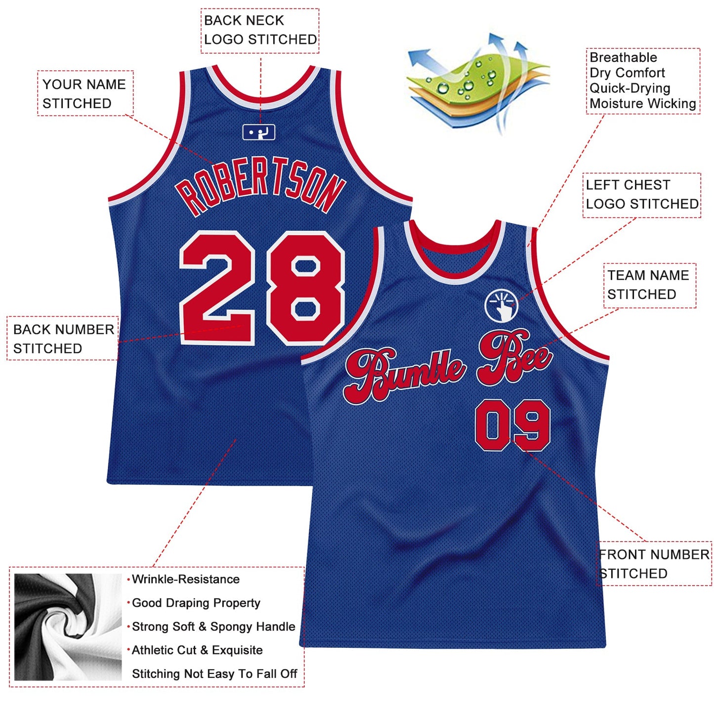 Custom Royal Red-White Authentic Throwback Basketball Jersey view 2