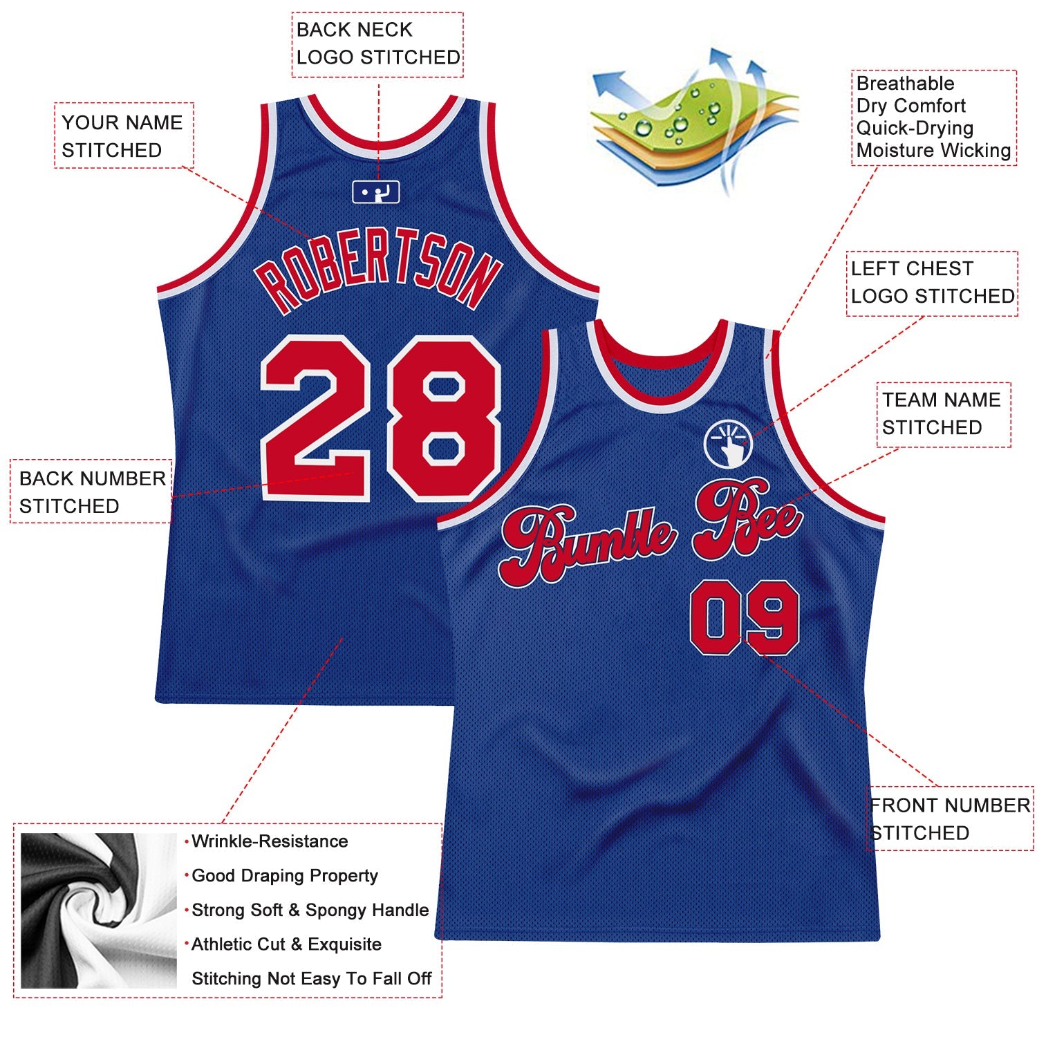 Custom Royal Red-White Authentic Throwback Basketball Jersey view 2