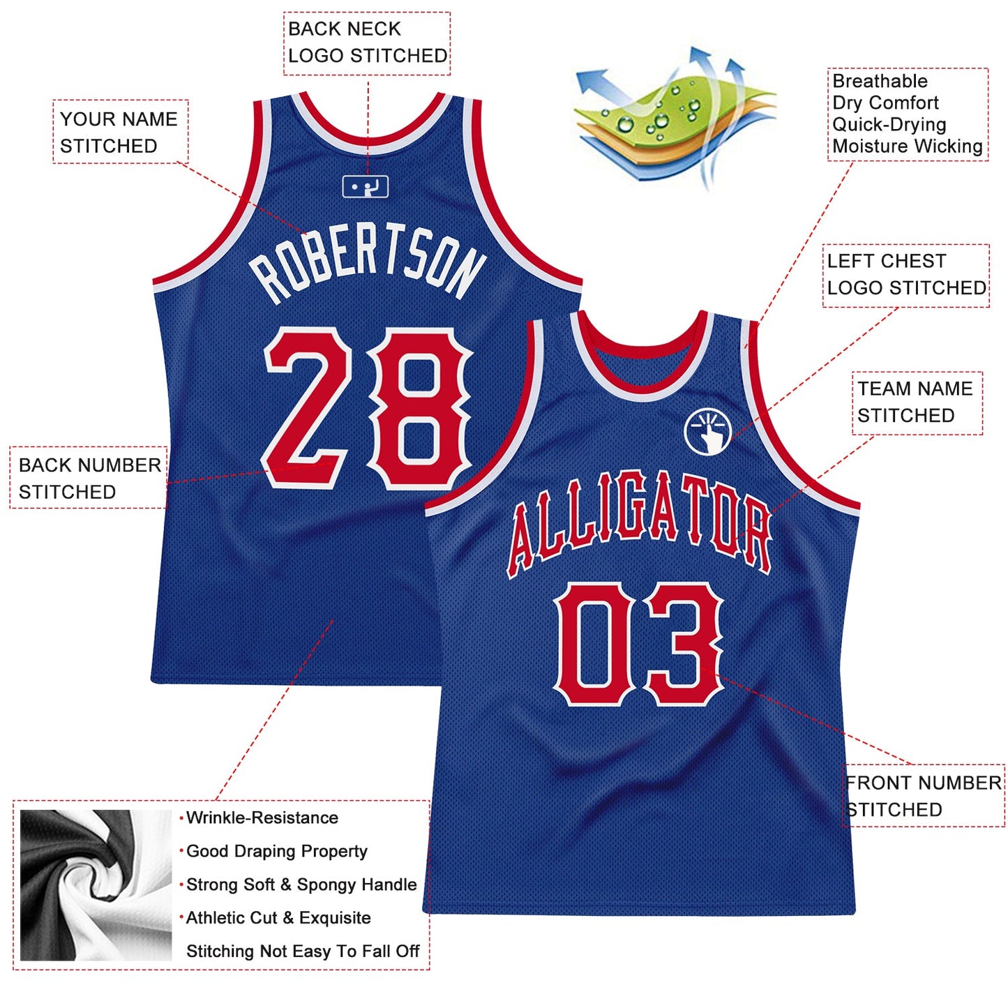 Custom Royal Red-White Authentic Throwback Basketball Jersey view 2