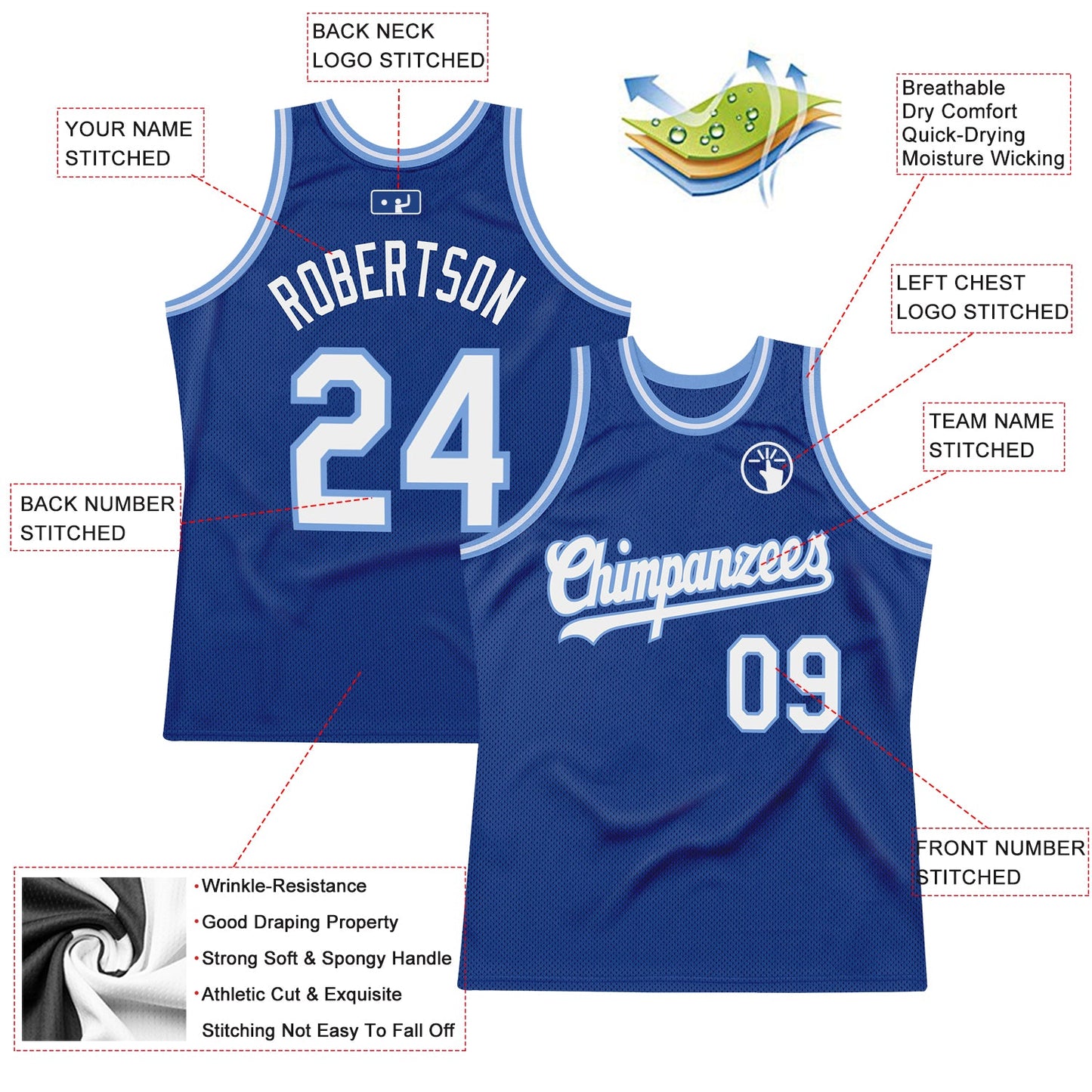 Custom Royal White-Light Blue Authentic Throwback Basketball Jersey view 2