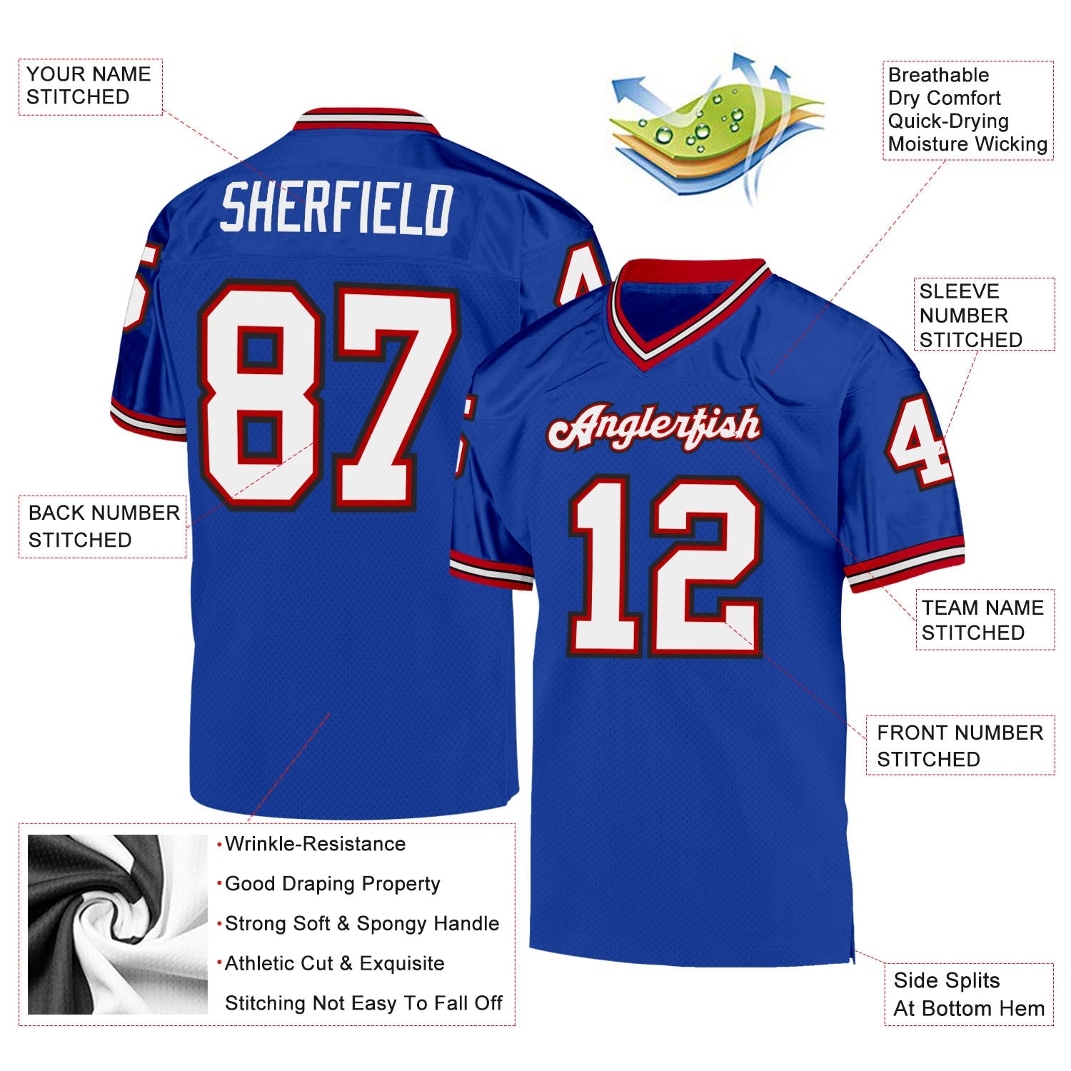 Custom Royal White-Red Mesh Authentic Throwback Football Jersey view 4