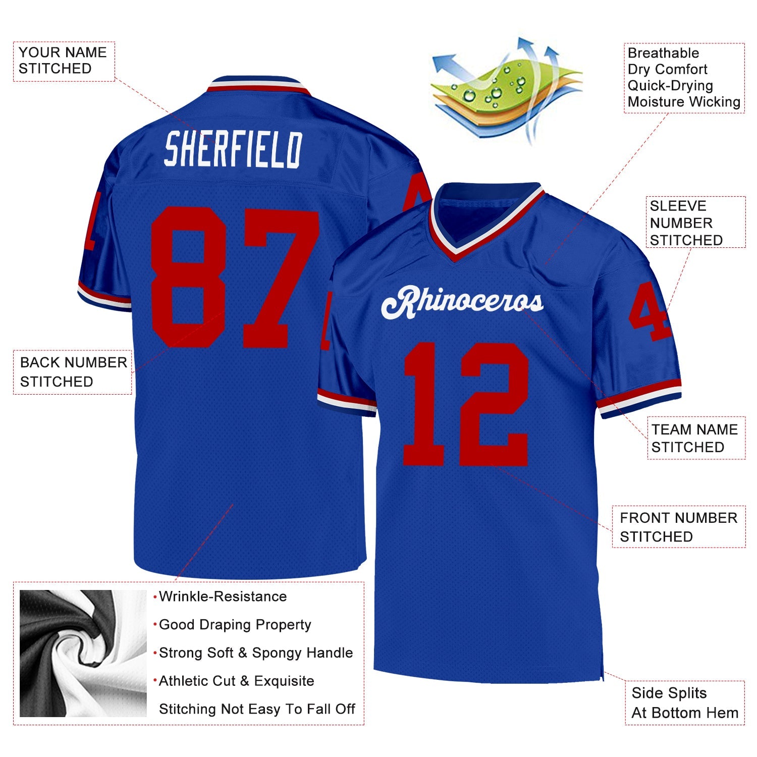 Custom Royal Red-White Mesh Authentic Throwback Football Jersey view 4